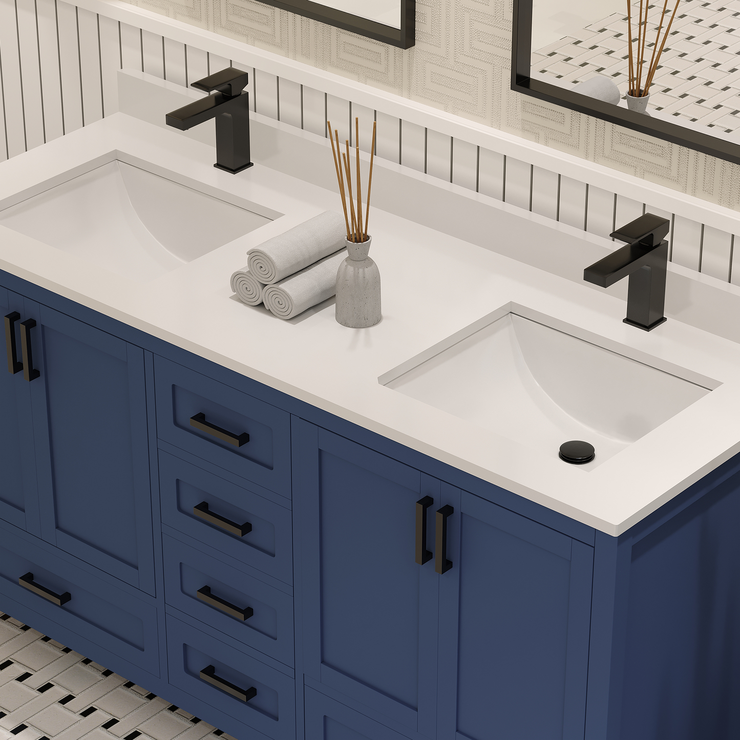 Rooh 60 Inch Solid Wood Bathroom Vanity with Undermount double Rectangle sinks & White Quartz countertop 0.75 inch edge in white