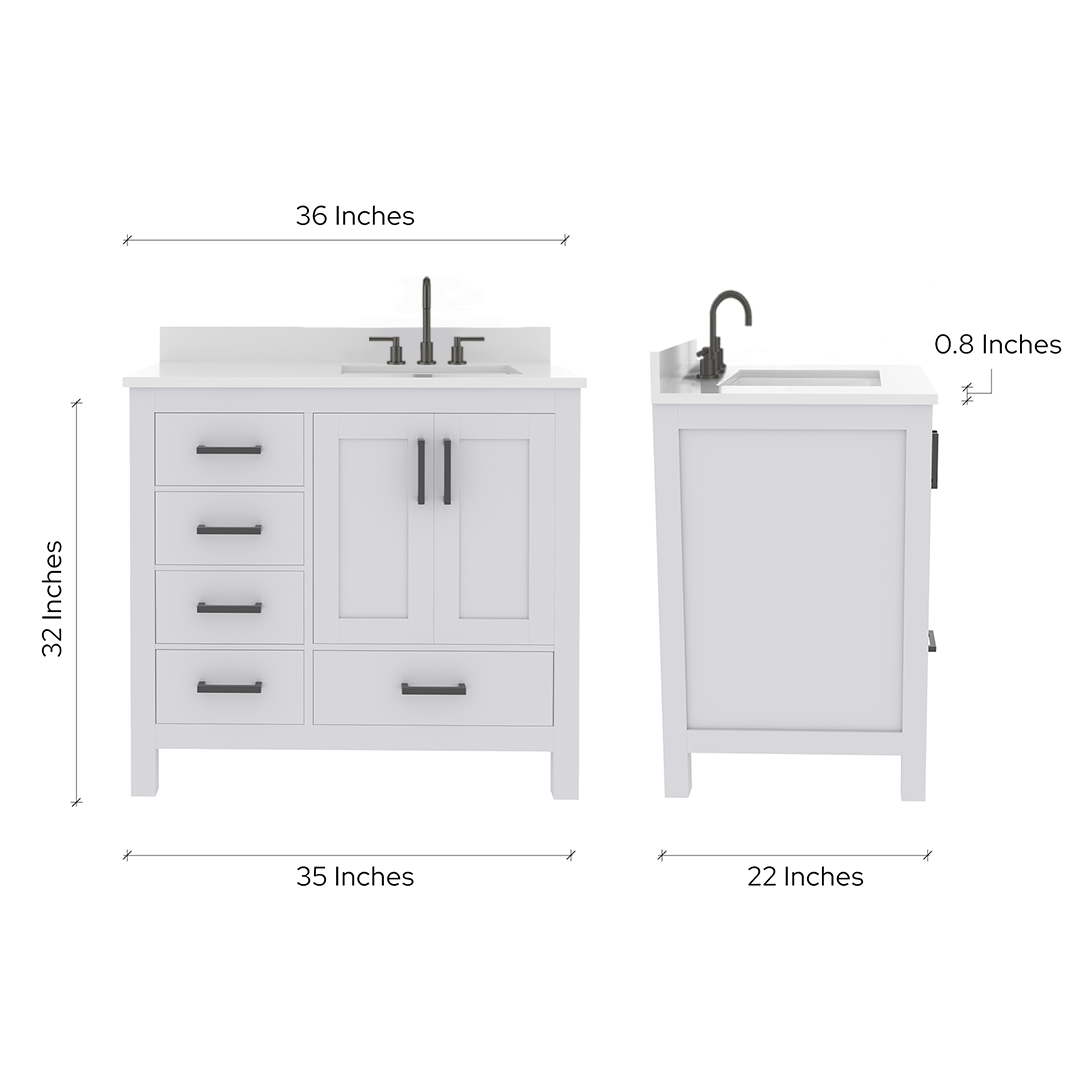Rooh 36 Inch Right Solid Wood Single Bathroom Vanity with Undermount single Rectangle sink & White Quartz countertop 0.75 inch edge in white