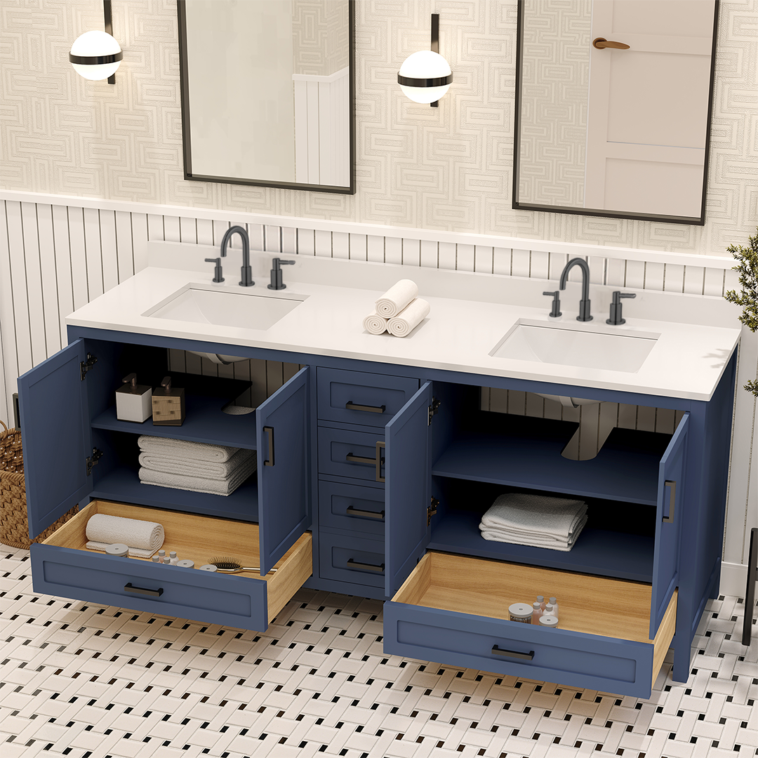 Rooh 72 Inch Solid Wood Bathroom Vanity with Undermount double Rectangle sinks & White Quartz countertop 0.75 inch edge in white