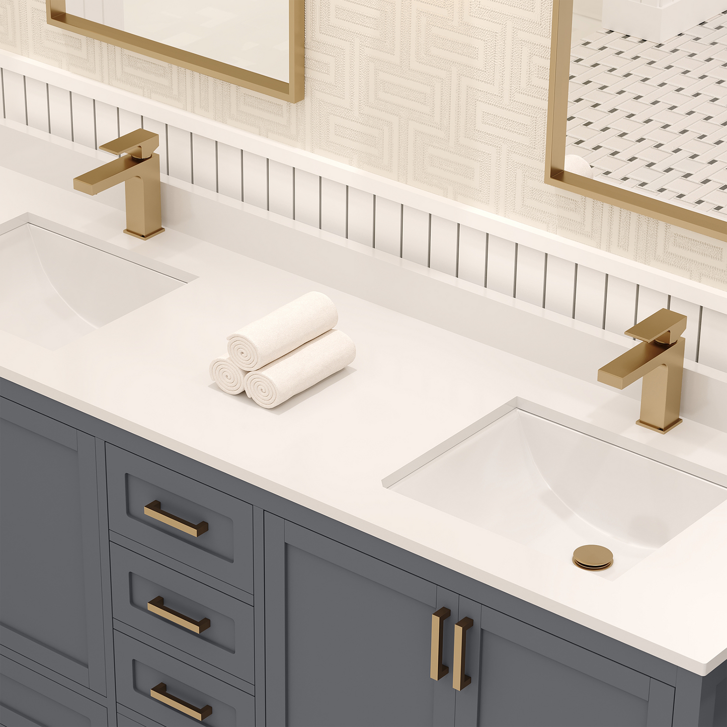 Rooh 72 Inch Solid Wood Bathroom Vanity with Undermount double Rectangle sinks & White Quartz countertop 0.75 inch edge in white