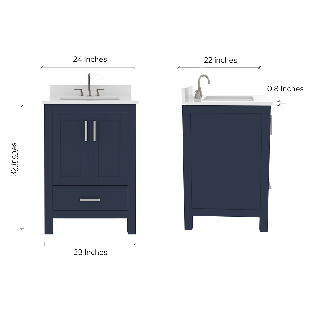 Rooh 24 Inch Solid Wood Bathroom Vanity with Undermount single Rectangle sink & White Quartz countertop 0.75 inch edge in white