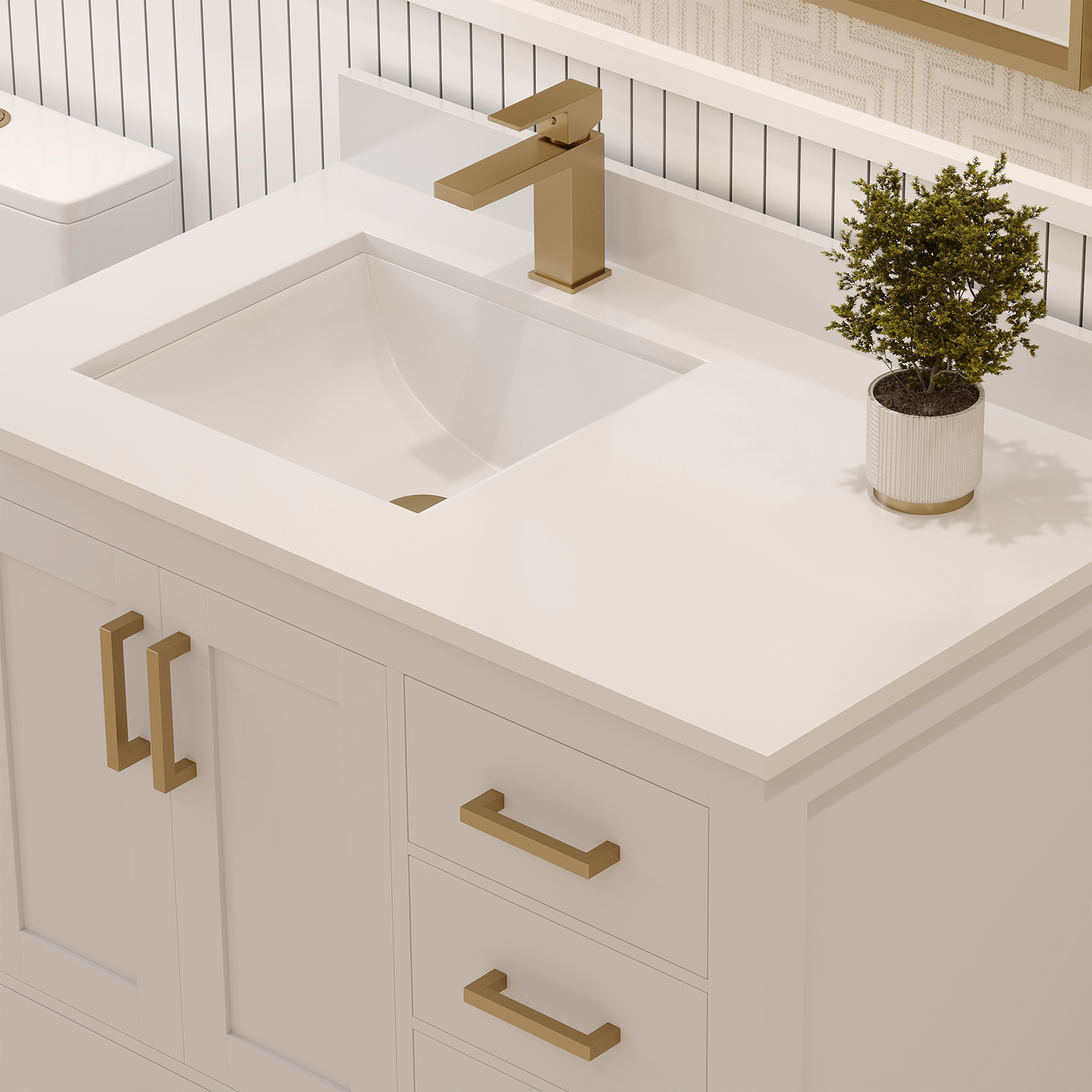 Rooh 36 Inch Left Solid Wood Single Bathroom Vanity with Undermount single Rectangle sink & White Quartz countertop 0.75 inch edge in white