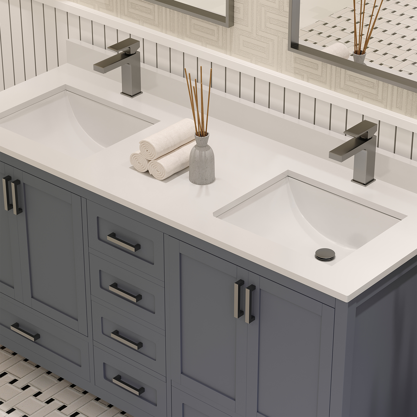 Rooh 60 Inch Solid Wood Bathroom Vanity with Undermount double Rectangle sinks & White Quartz countertop 0.75 inch edge in white