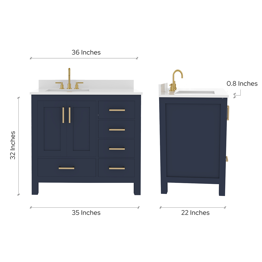 Rooh 36 Inch Left Solid Wood Single Bathroom Vanity with Undermount single Rectangle sink & White Quartz countertop 0.75 inch edge in white
