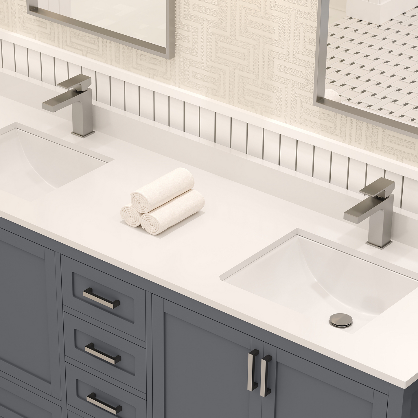 Rooh 72 Inch Solid Wood Bathroom Vanity with Undermount double Rectangle sinks & White Quartz countertop 0.75 inch edge in white