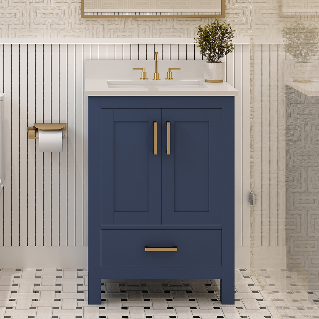 Rooh 24 Inch Solid Wood Bathroom Vanity with Undermount single Rectangle sink & White Quartz countertop 0.75 inch edge in white