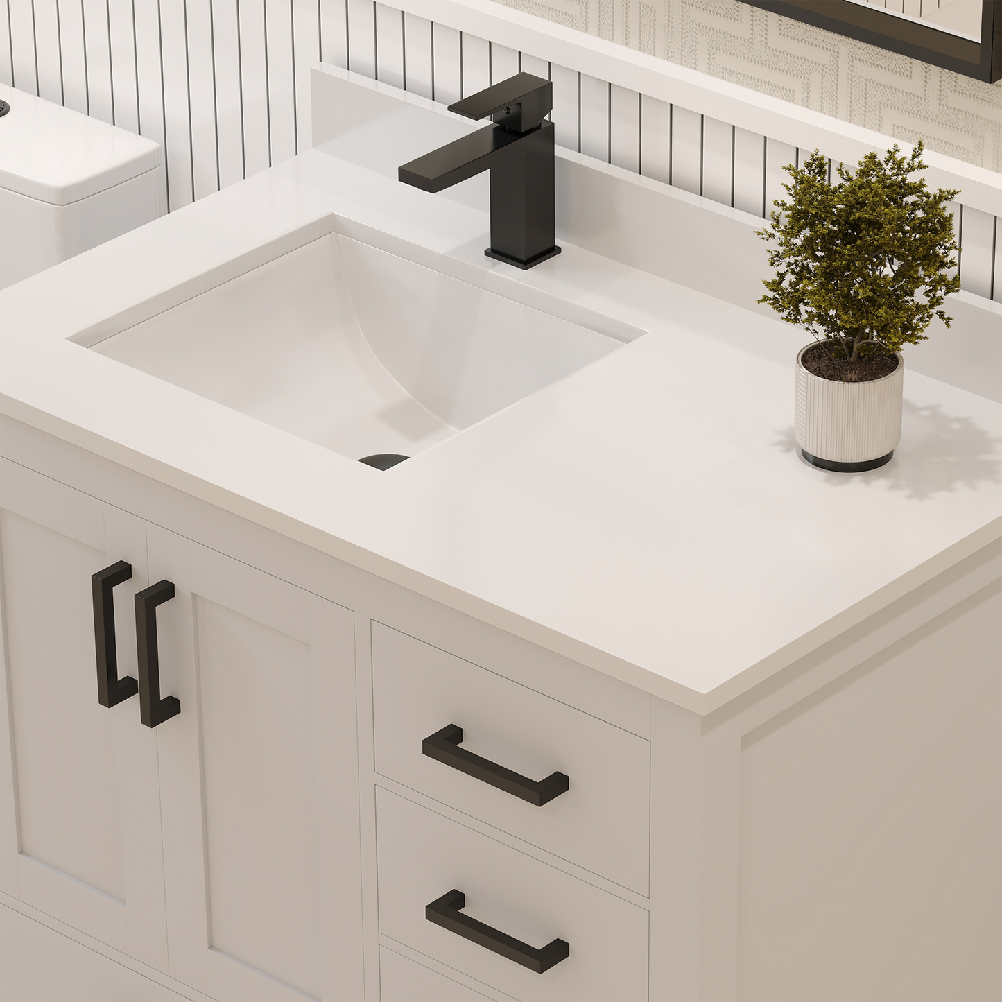 Rooh 36 Inch Left Solid Wood Single Bathroom Vanity with Undermount single Rectangle sink & White Quartz countertop 0.75 inch edge in white