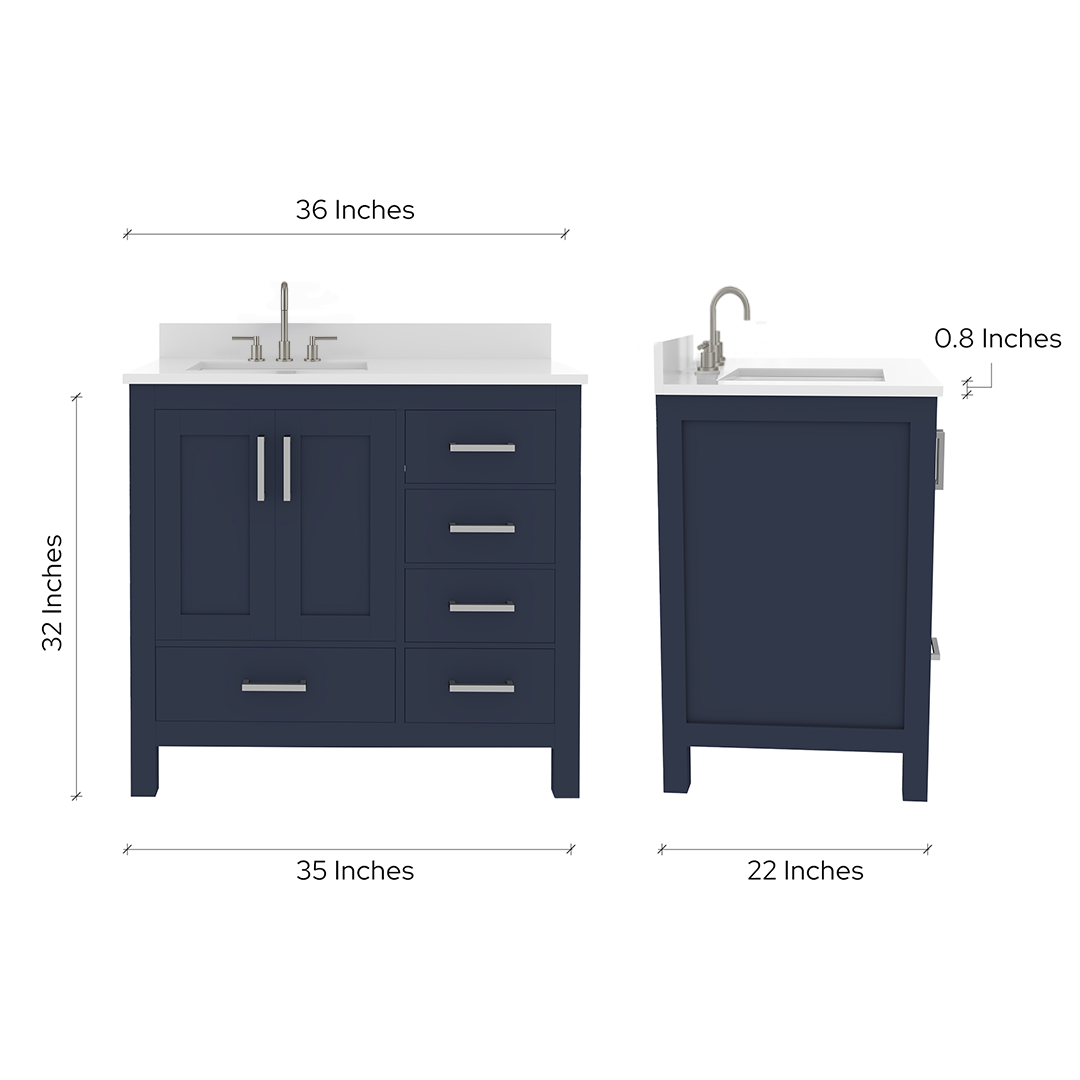 Rooh 36 Inch Left Solid Wood Single Bathroom Vanity with Undermount single Rectangle sink & White Quartz countertop 0.75 inch edge in white