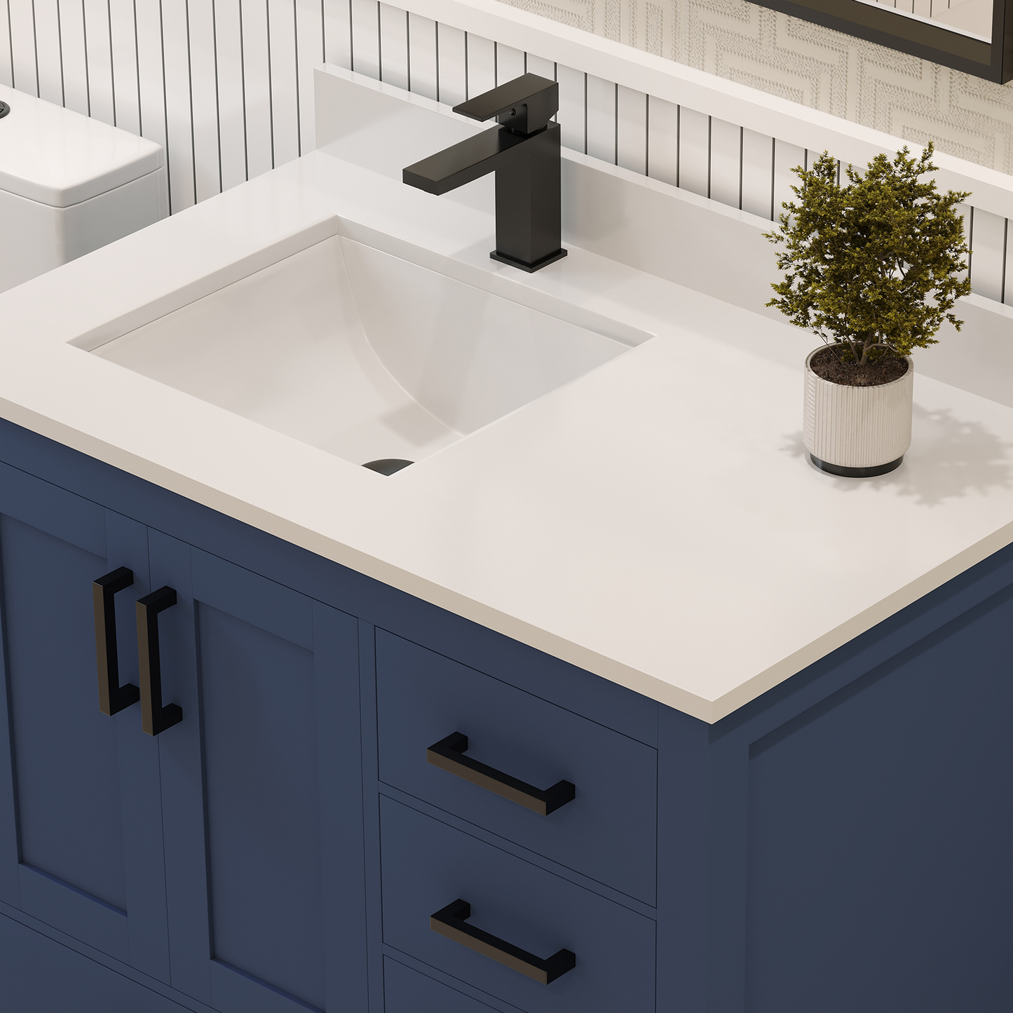 Rooh 36 Inch Left Solid Wood Single Bathroom Vanity with Undermount single Rectangle sink & White Quartz countertop 0.75 inch edge in white