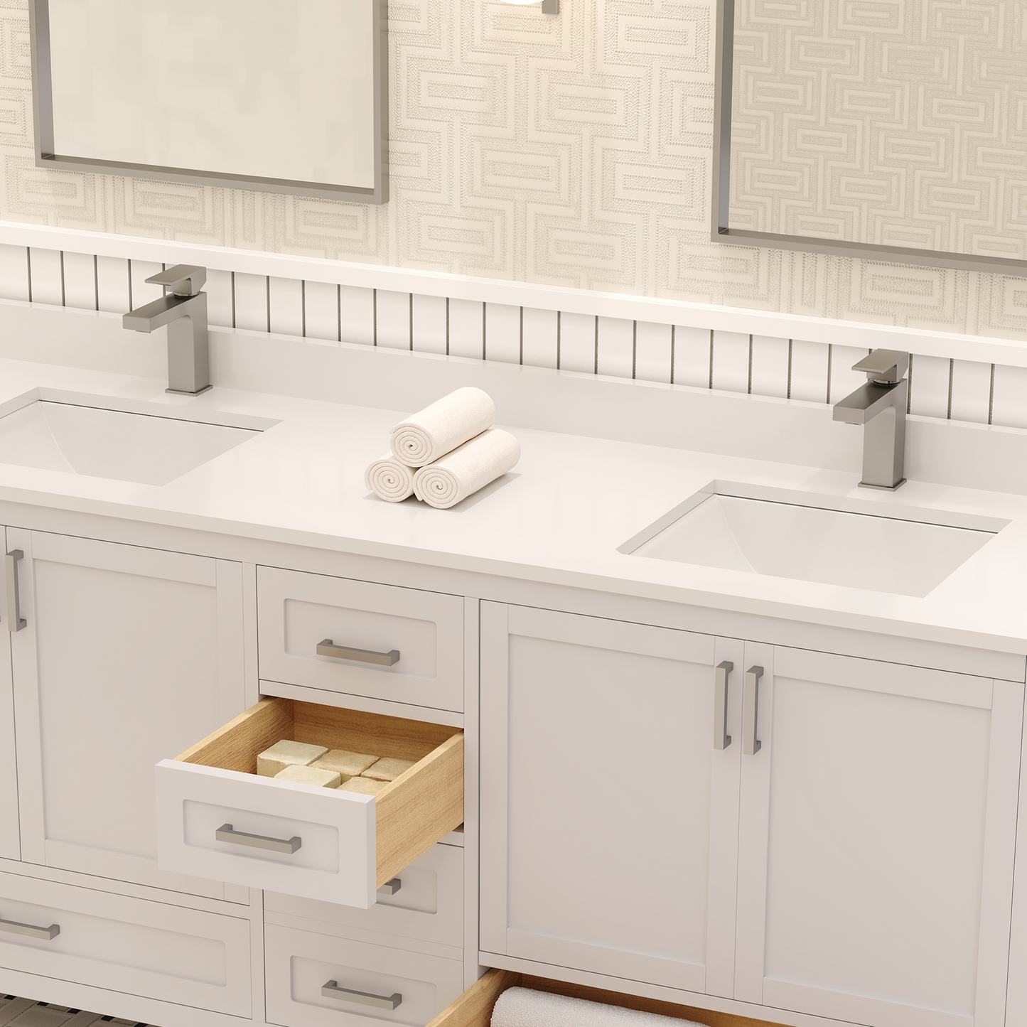 Rooh 72 Inch Solid Wood Bathroom Vanity with Undermount double Rectangle sinks & White Quartz countertop 0.75 inch edge in white