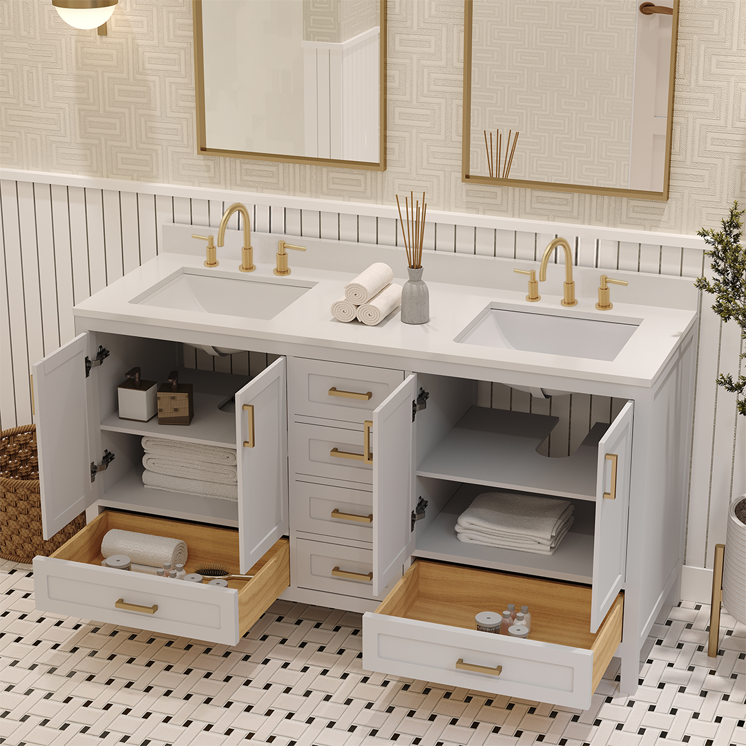 Rooh 60 Inch Solid Wood Bathroom Vanity with Undermount double Rectangle sinks & White Quartz countertop 0.75 inch edge in white