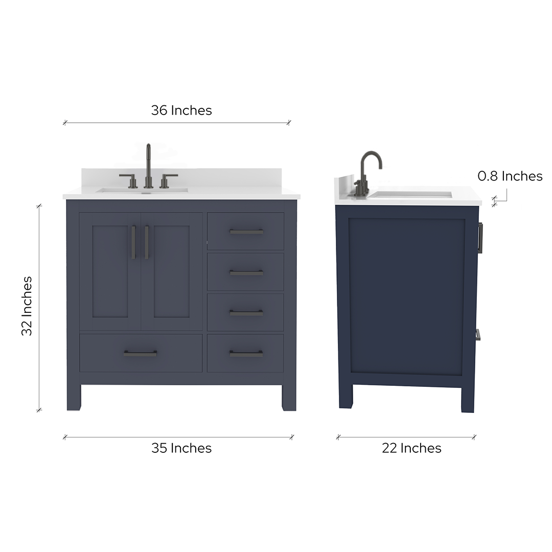 Rooh 36 Inch Left Solid Wood Single Bathroom Vanity with Undermount single Rectangle sink & White Quartz countertop 0.75 inch edge in white