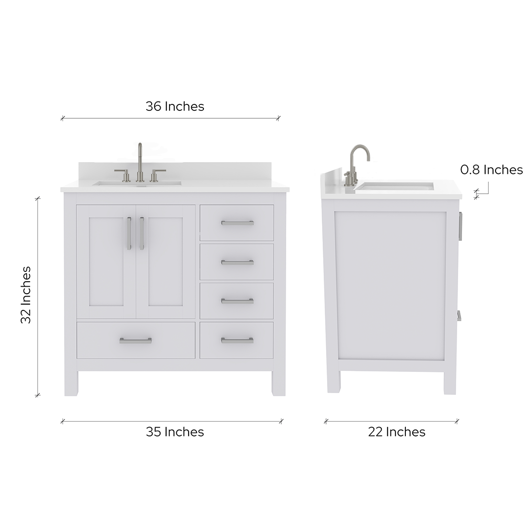 Rooh 36 Inch Left Solid Wood Single Bathroom Vanity with Undermount single Rectangle sink & White Quartz countertop 0.75 inch edge in white