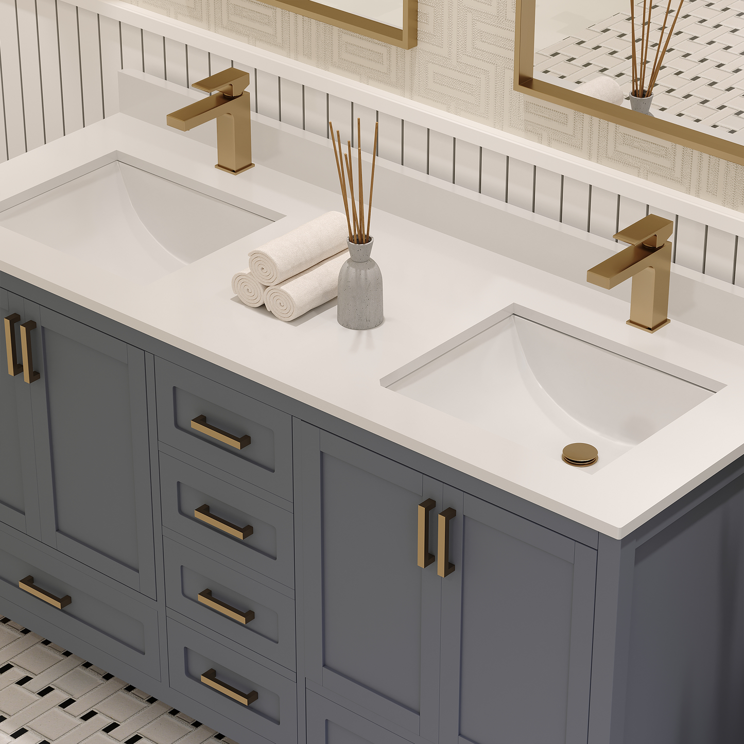 Rooh 60 Inch Solid Wood Bathroom Vanity with Undermount double Rectangle sinks & White Quartz countertop 0.75 inch edge in white