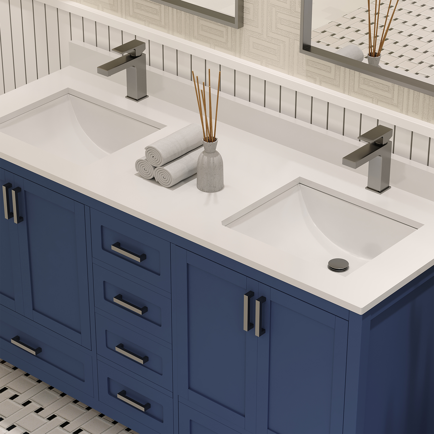 Rooh 60 Inch Solid Wood Bathroom Vanity with Undermount double Rectangle sinks & White Quartz countertop 0.75 inch edge in white