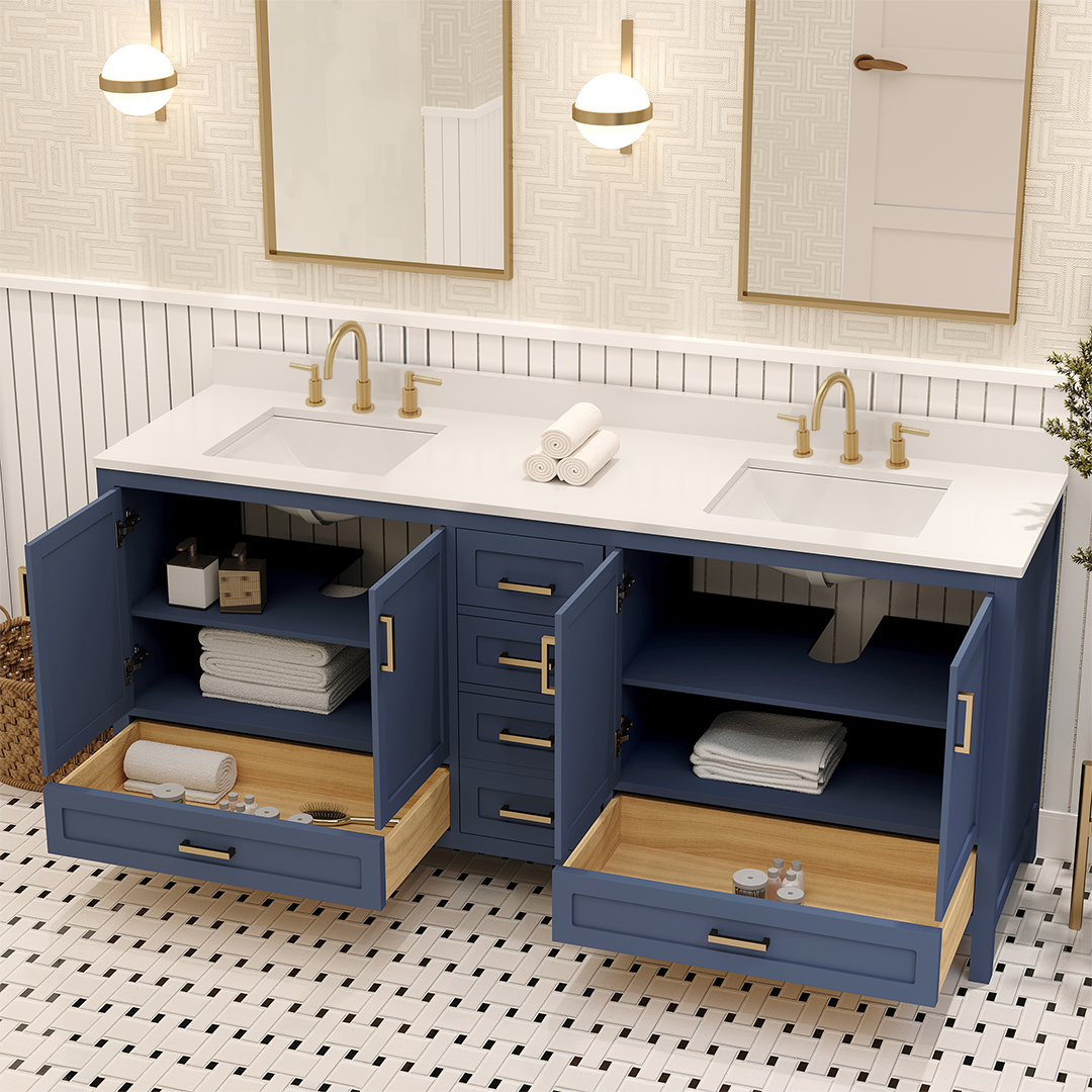 Rooh 72 Inch Solid Wood Bathroom Vanity with Undermount double Rectangle sinks & White Quartz countertop 0.75 inch edge in white