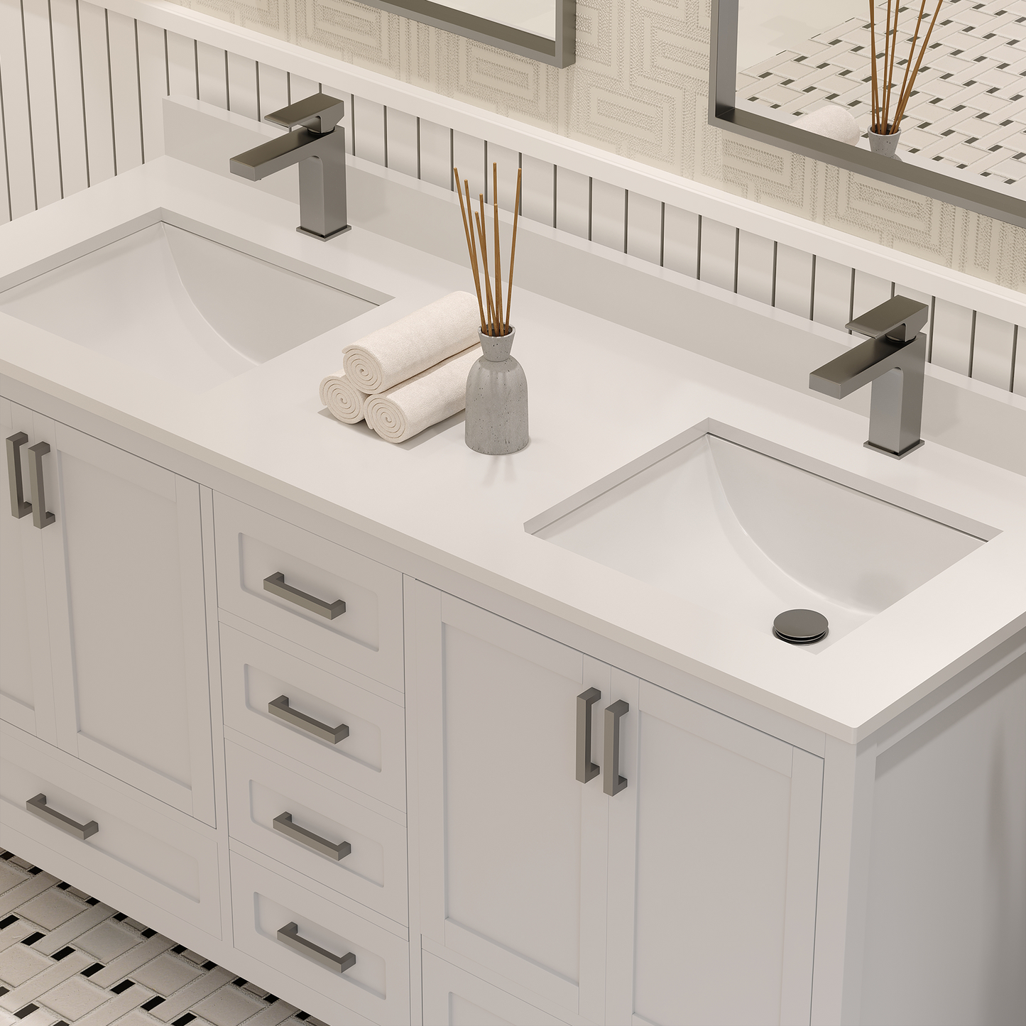 Rooh 60 Inch Solid Wood Bathroom Vanity with Undermount double Rectangle sinks & White Quartz countertop 0.75 inch edge in white