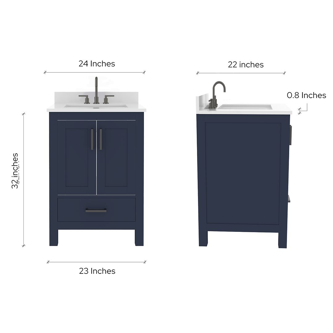 Rooh 24 Inch Solid Wood Bathroom Vanity with Undermount single Rectangle sink & White Quartz countertop 0.75 inch edge in white