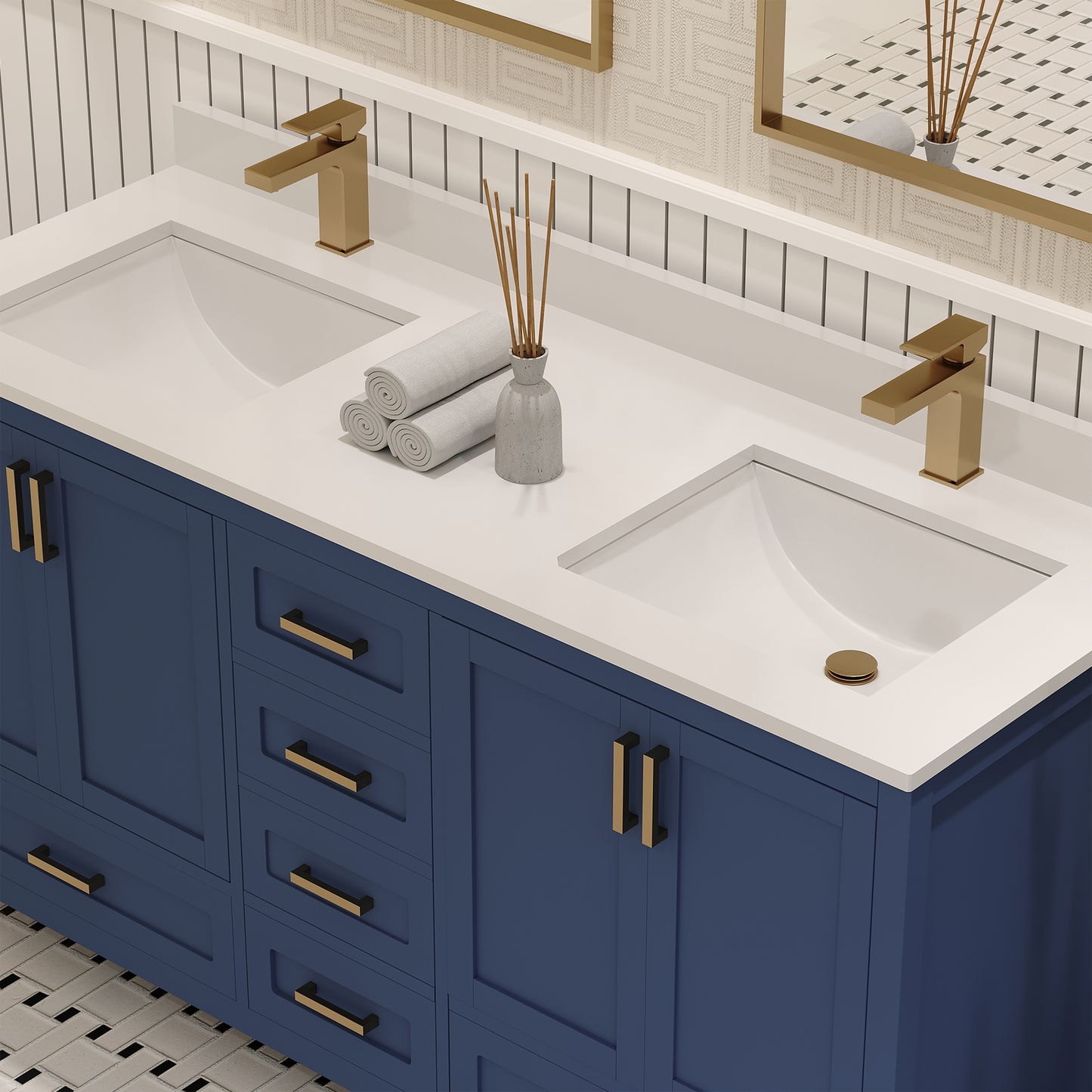 Rooh 60 Inch Solid Wood Bathroom Vanity with Undermount double Rectangle sinks & White Quartz countertop 0.75 inch edge in white