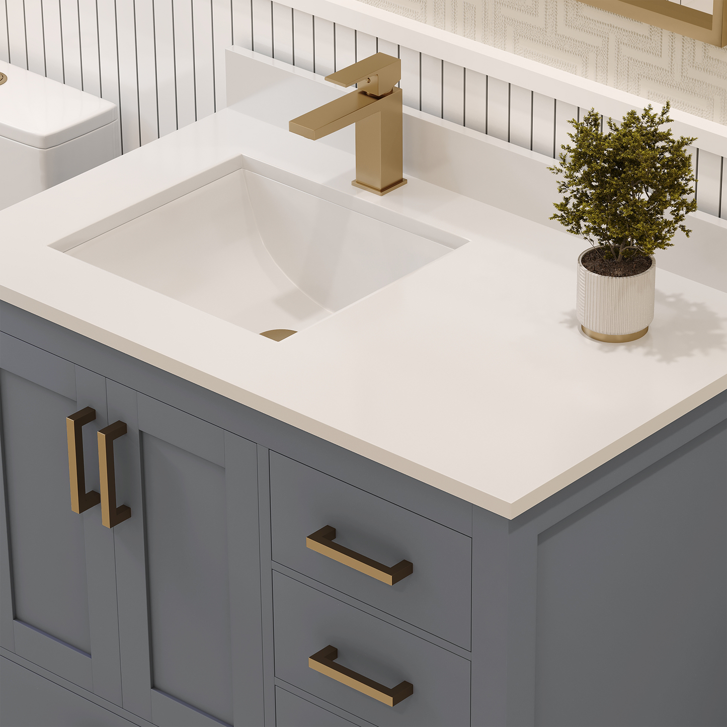 Rooh 36 Inch Left Solid Wood Single Bathroom Vanity with Undermount single Rectangle sink & White Quartz countertop 0.75 inch edge in white