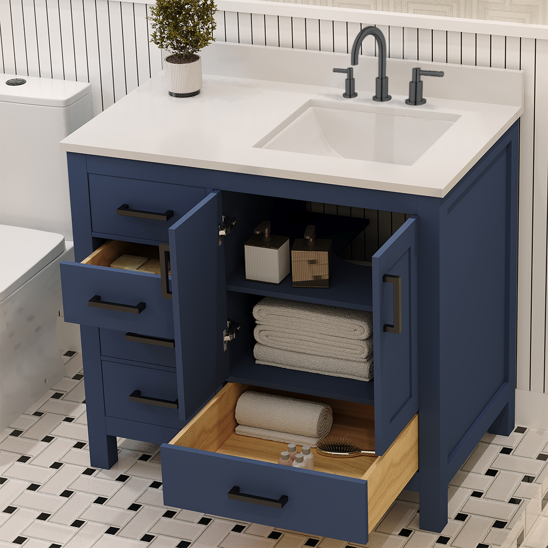 Rooh 36 Inch Right Solid Wood Single Bathroom Vanity with Undermount single Rectangle sink & White Quartz countertop 0.75 inch edge in white