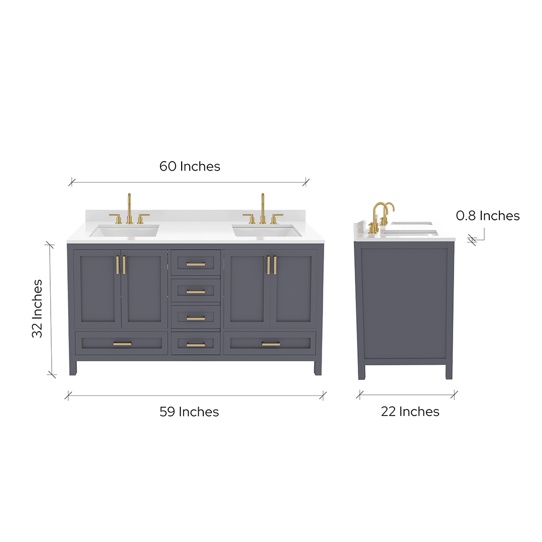 Rooh 60 Inch Solid Wood Bathroom Vanity with Undermount double Rectangle sinks & White Quartz countertop 0.75 inch edge in white