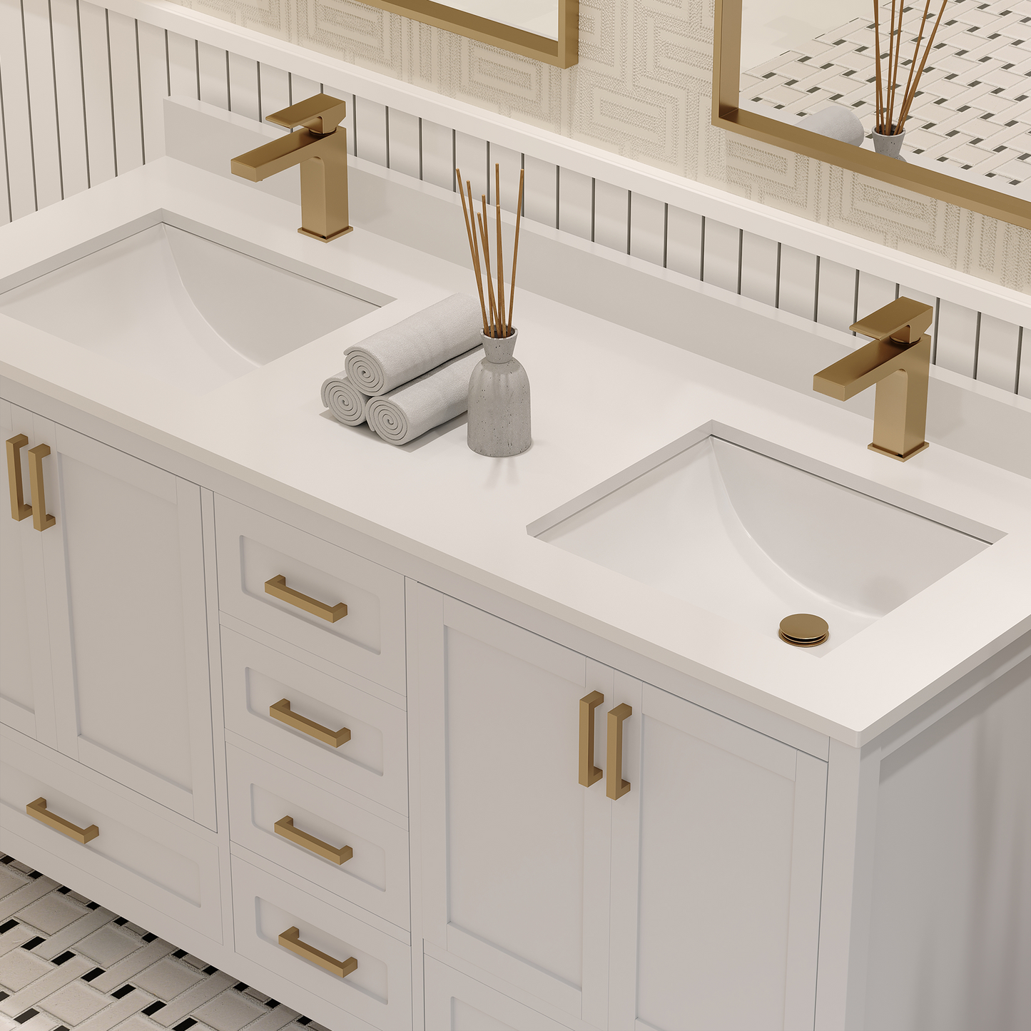 Rooh 60 Inch Solid Wood Bathroom Vanity with Undermount double Rectangle sinks & White Quartz countertop 0.75 inch edge in white