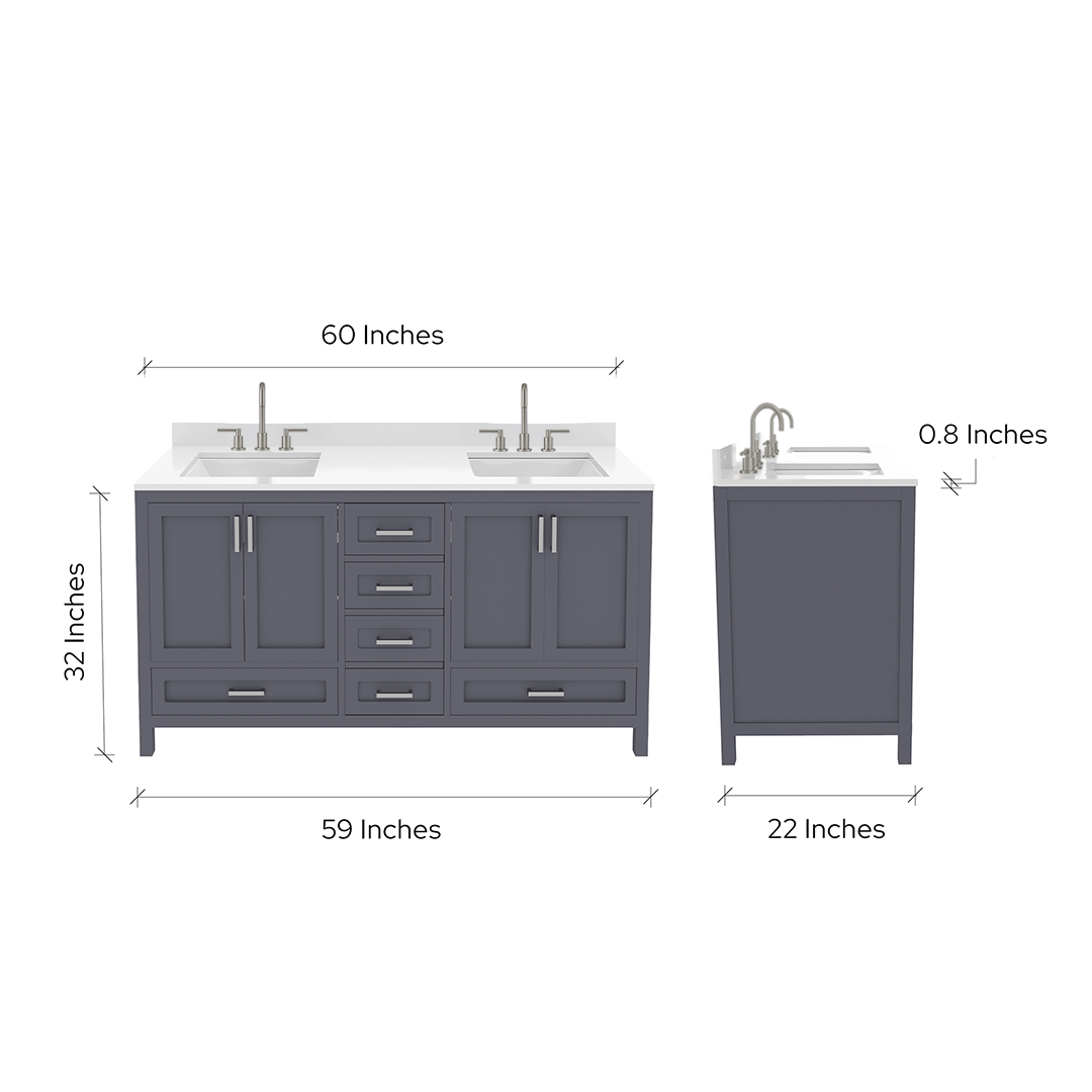 Rooh 60 Inch Solid Wood Bathroom Vanity with Undermount double Rectangle sinks & White Quartz countertop 0.75 inch edge in white