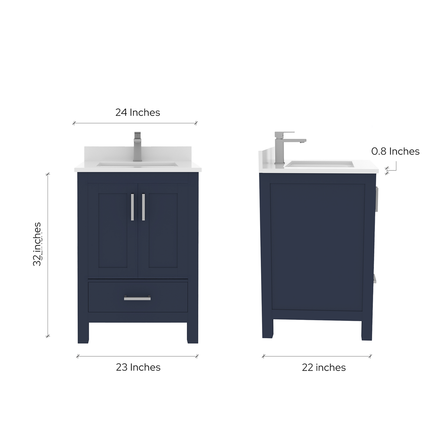 Rooh 24 Inch Solid Wood Bathroom Vanity with Undermount single Rectangle sink & White Quartz countertop 0.75 inch edge in white