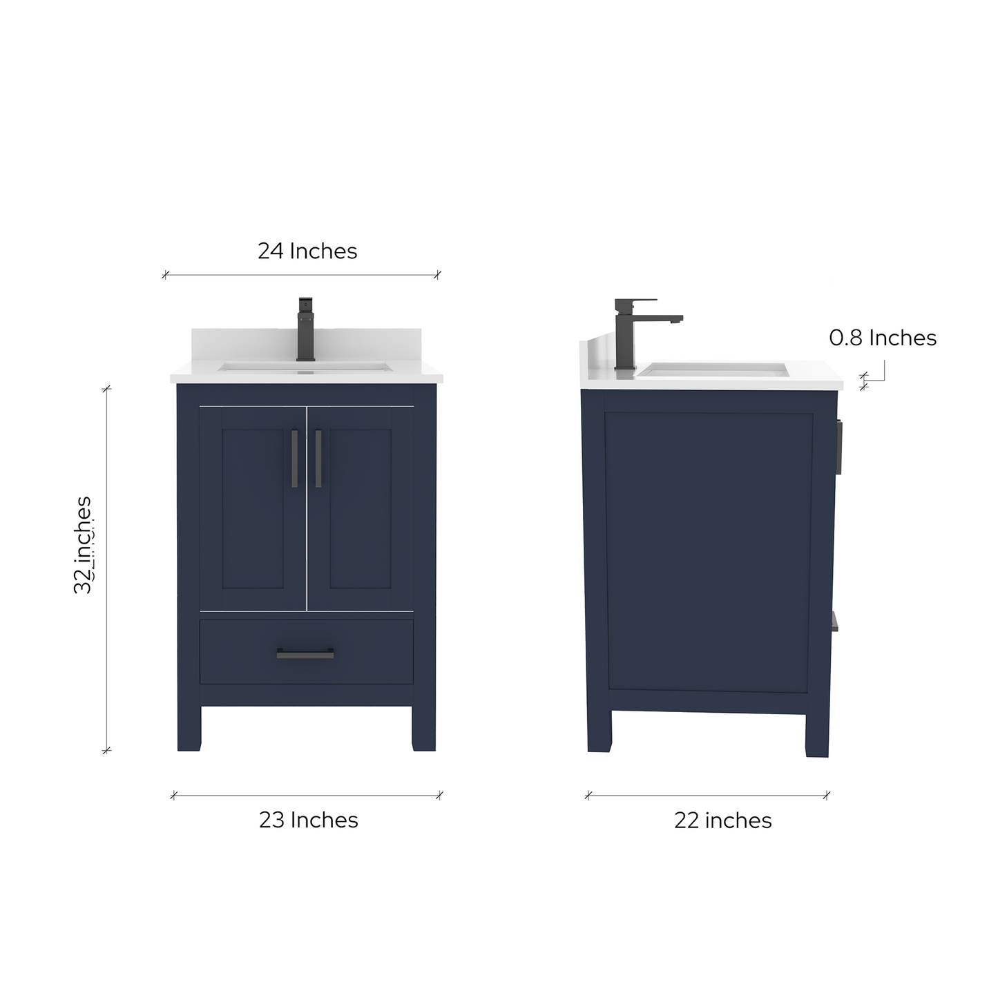 Rooh 24 Inch Solid Wood Bathroom Vanity with Undermount single Rectangle sink & White Quartz countertop 0.75 inch edge in white