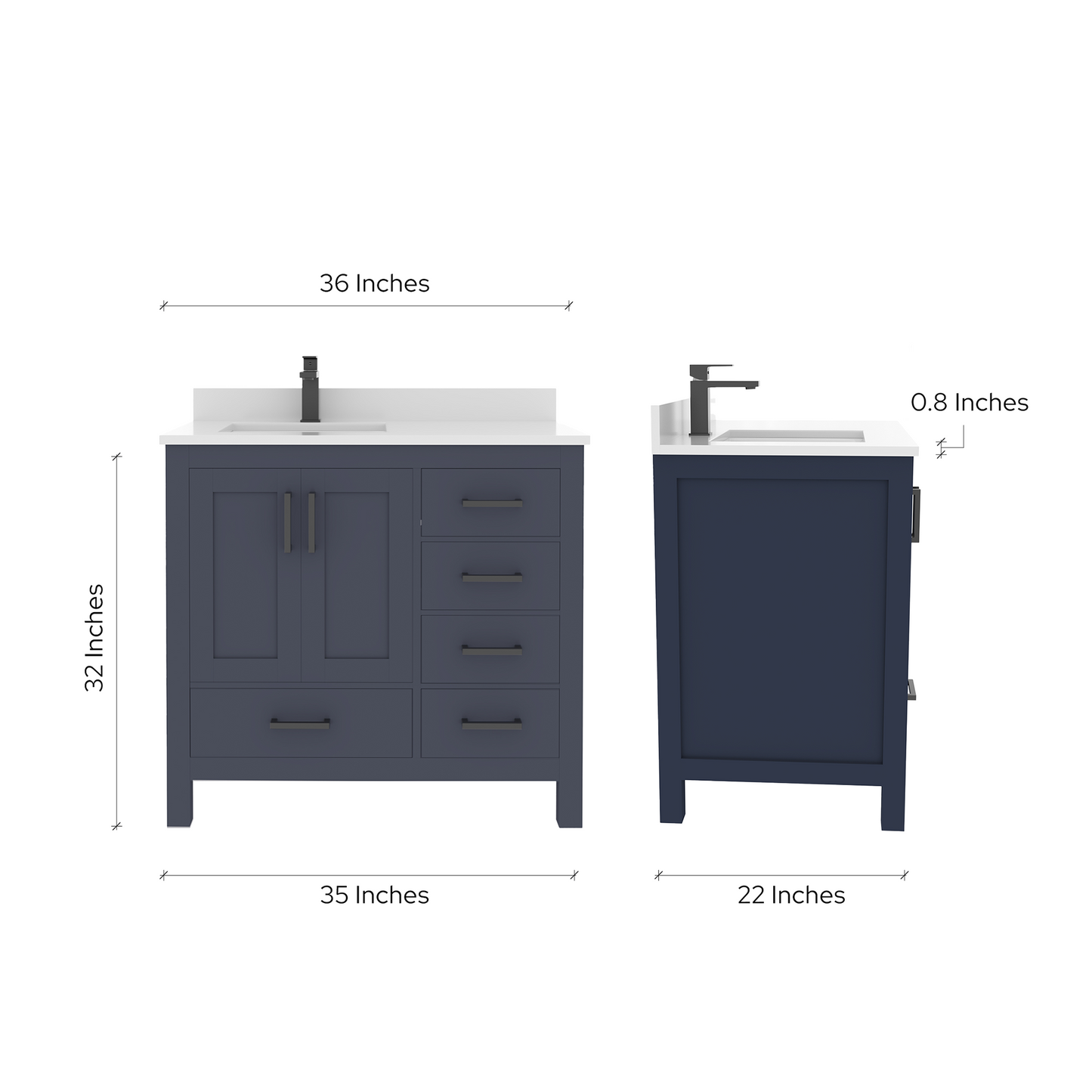 Rooh 36 Inch Left Solid Wood Single Bathroom Vanity with Undermount single Rectangle sink & White Quartz countertop 0.75 inch edge in white