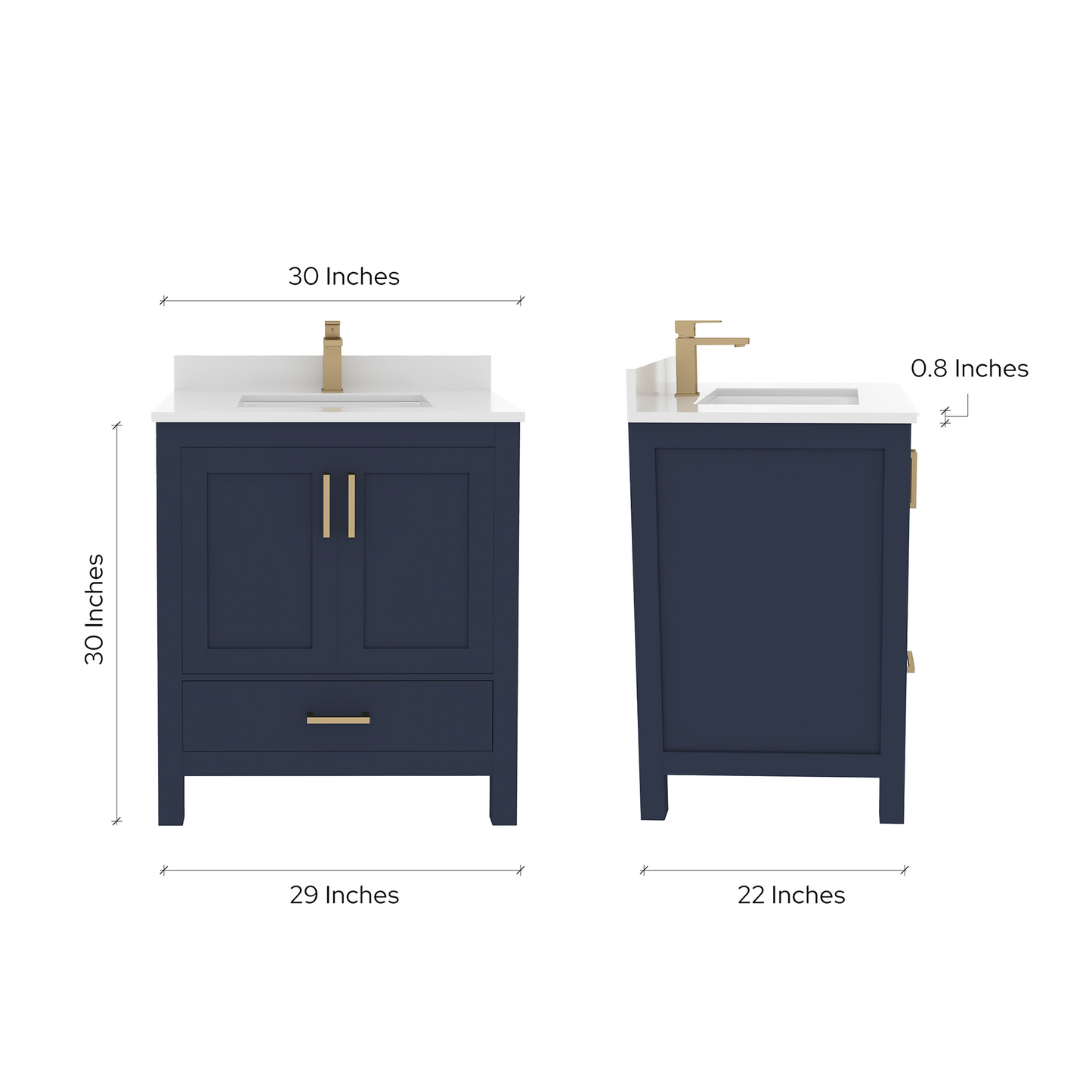 Rooh 30 Inch Solid Wood Bathroom Vanity with Undermount single Rectangle sink & White Quartz countertop 0.75 inch edge in white