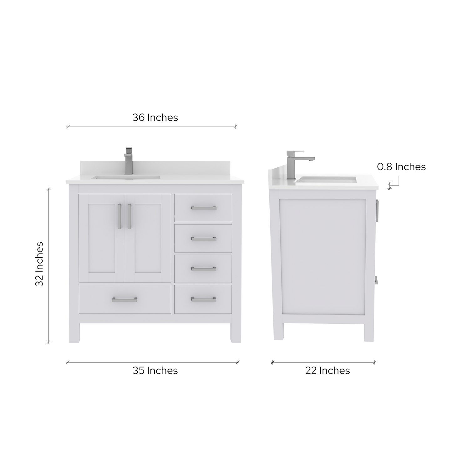 Rooh 36 Inch Left Solid Wood Single Bathroom Vanity with Undermount single Rectangle sink & White Quartz countertop 0.75 inch edge in white