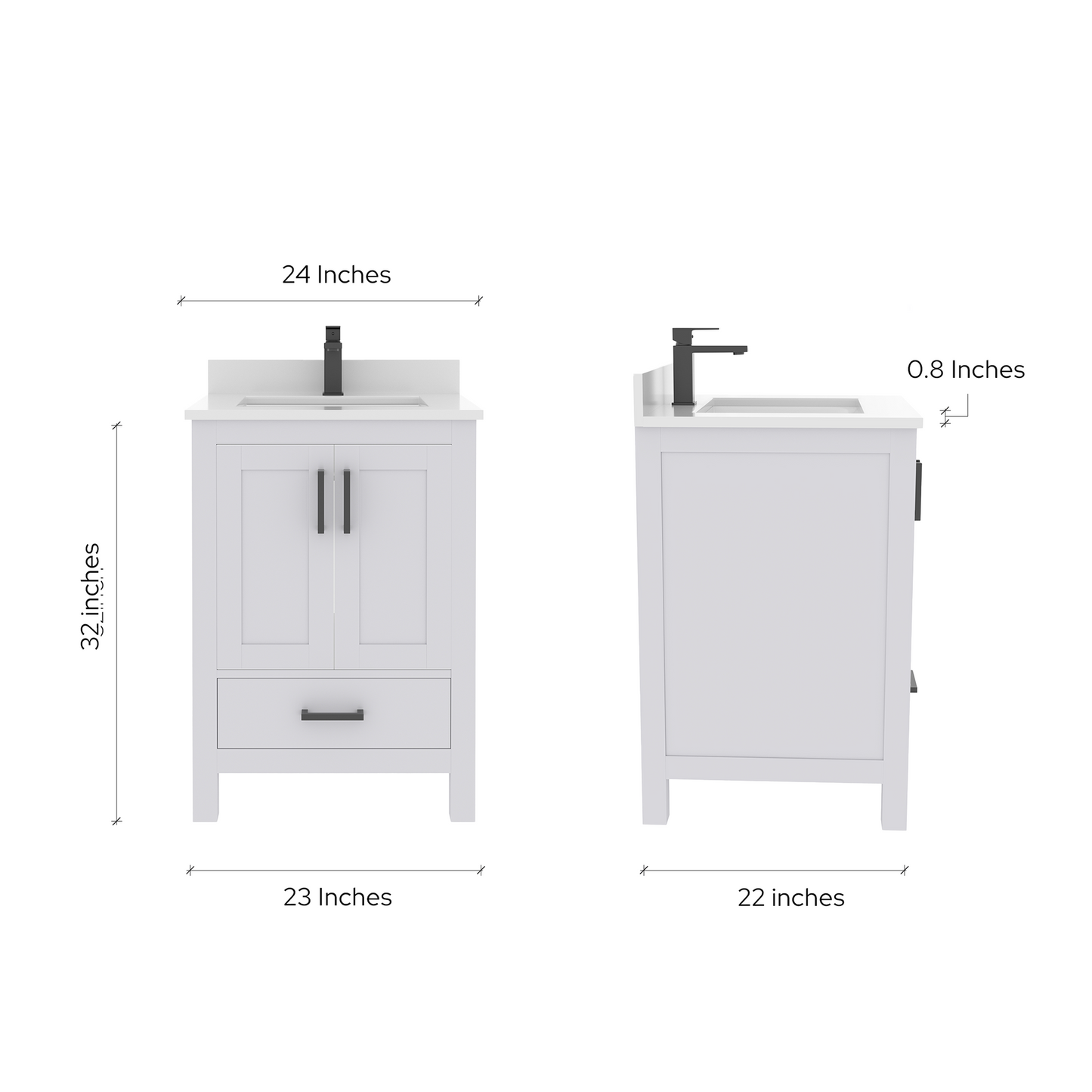 Rooh 24 Inch Solid Wood Bathroom Vanity with Undermount single Rectangle sink & White Quartz countertop 0.75 inch edge in white