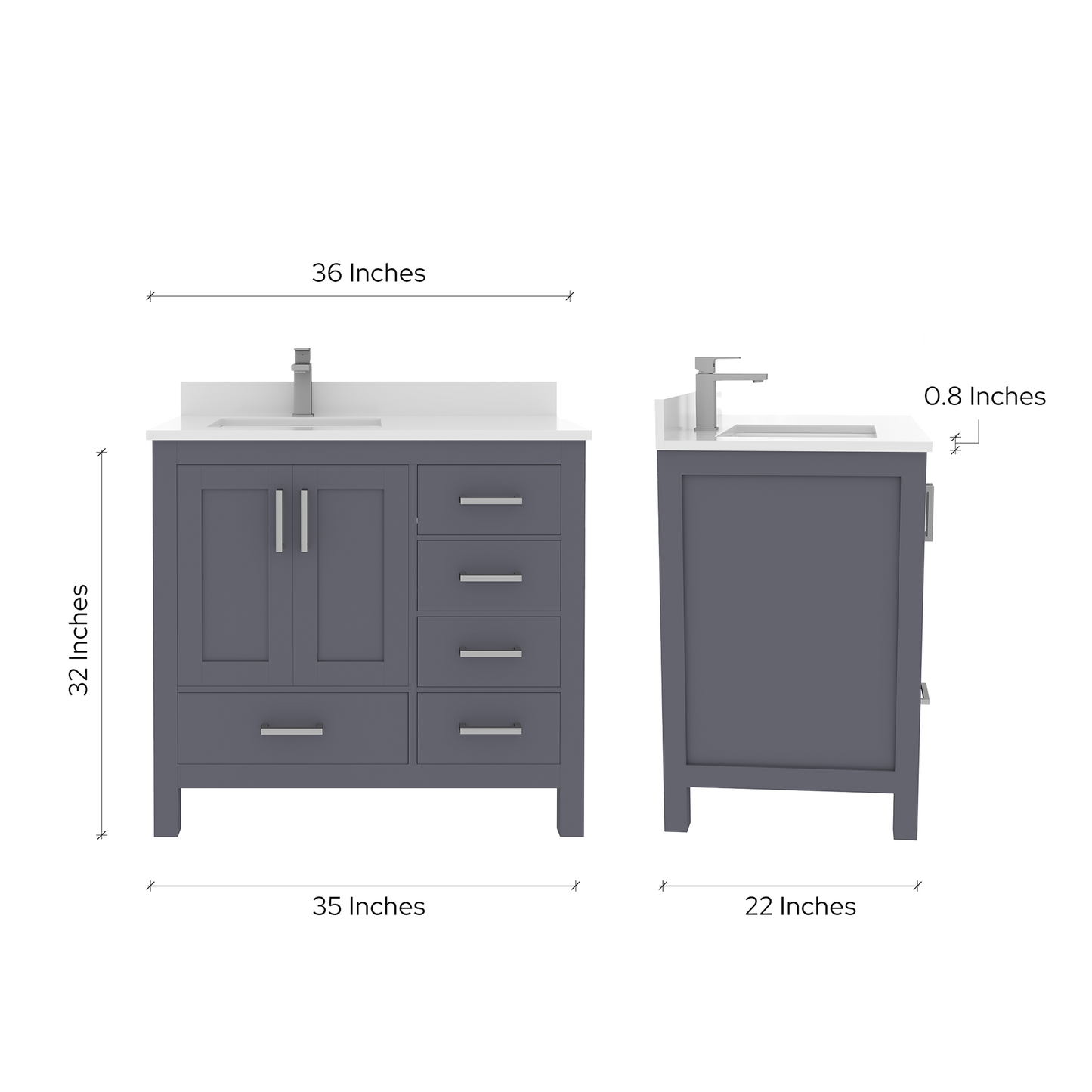 Rooh 36 Inch Left Solid Wood Single Bathroom Vanity with Undermount single Rectangle sink & White Quartz countertop 0.75 inch edge in white