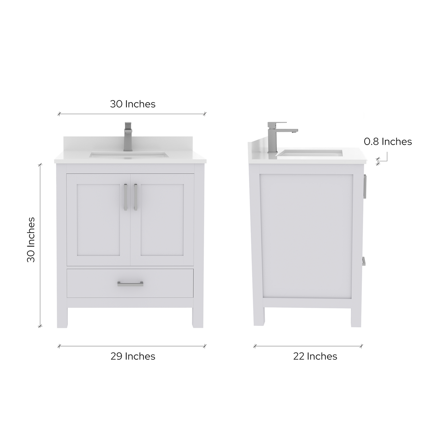 Rooh 30 Inch Solid Wood Bathroom Vanity with Undermount single Rectangle sink & White Quartz countertop 0.75 inch edge in white