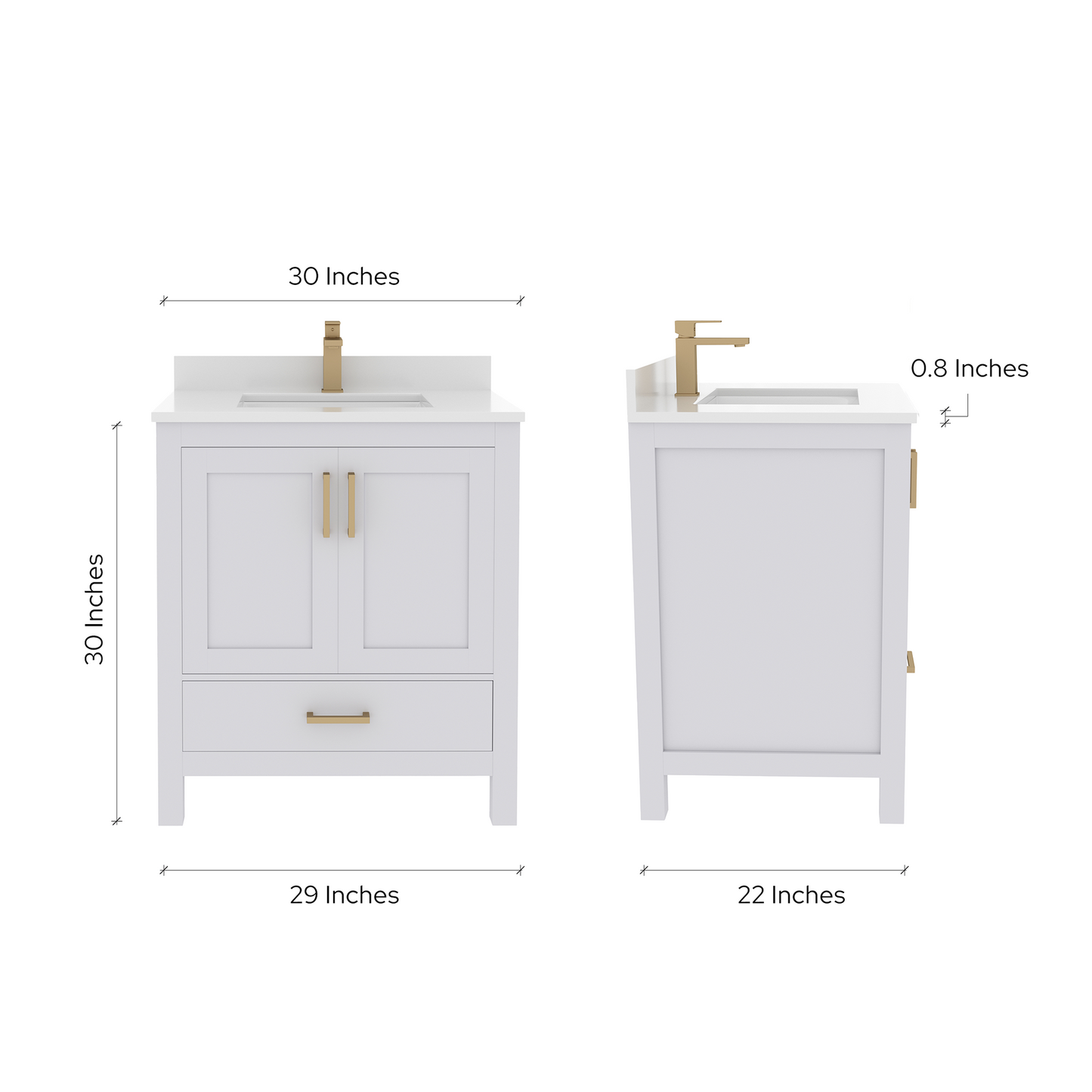 Rooh 30 Inch Solid Wood Bathroom Vanity with Undermount single Rectangle sink & White Quartz countertop 0.75 inch edge in white