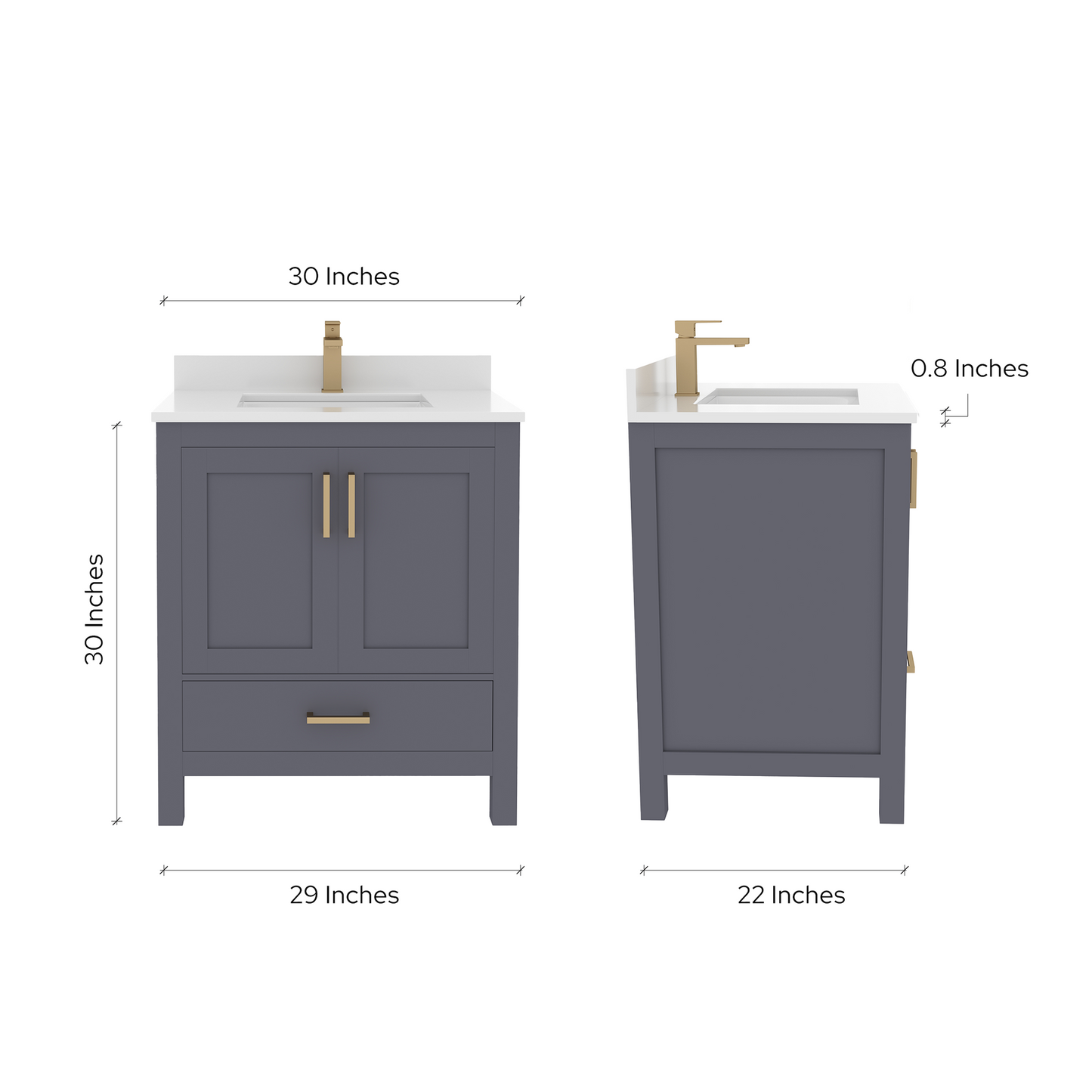Rooh 30 Inch Solid Wood Bathroom Vanity with Undermount single Rectangle sink & White Quartz countertop 0.75 inch edge in white