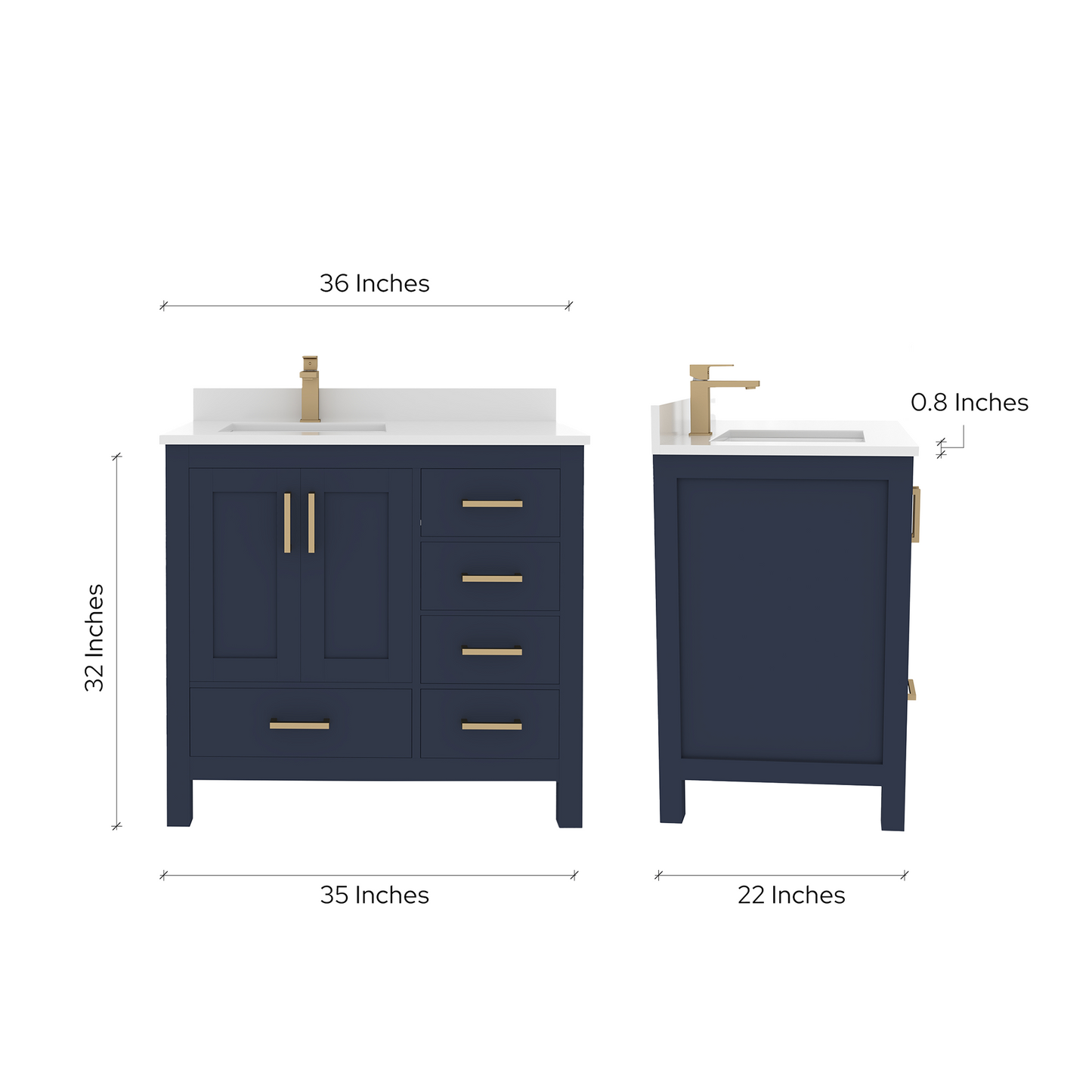 Rooh 36 Inch Left Solid Wood Single Bathroom Vanity with Undermount single Rectangle sink & White Quartz countertop 0.75 inch edge in white
