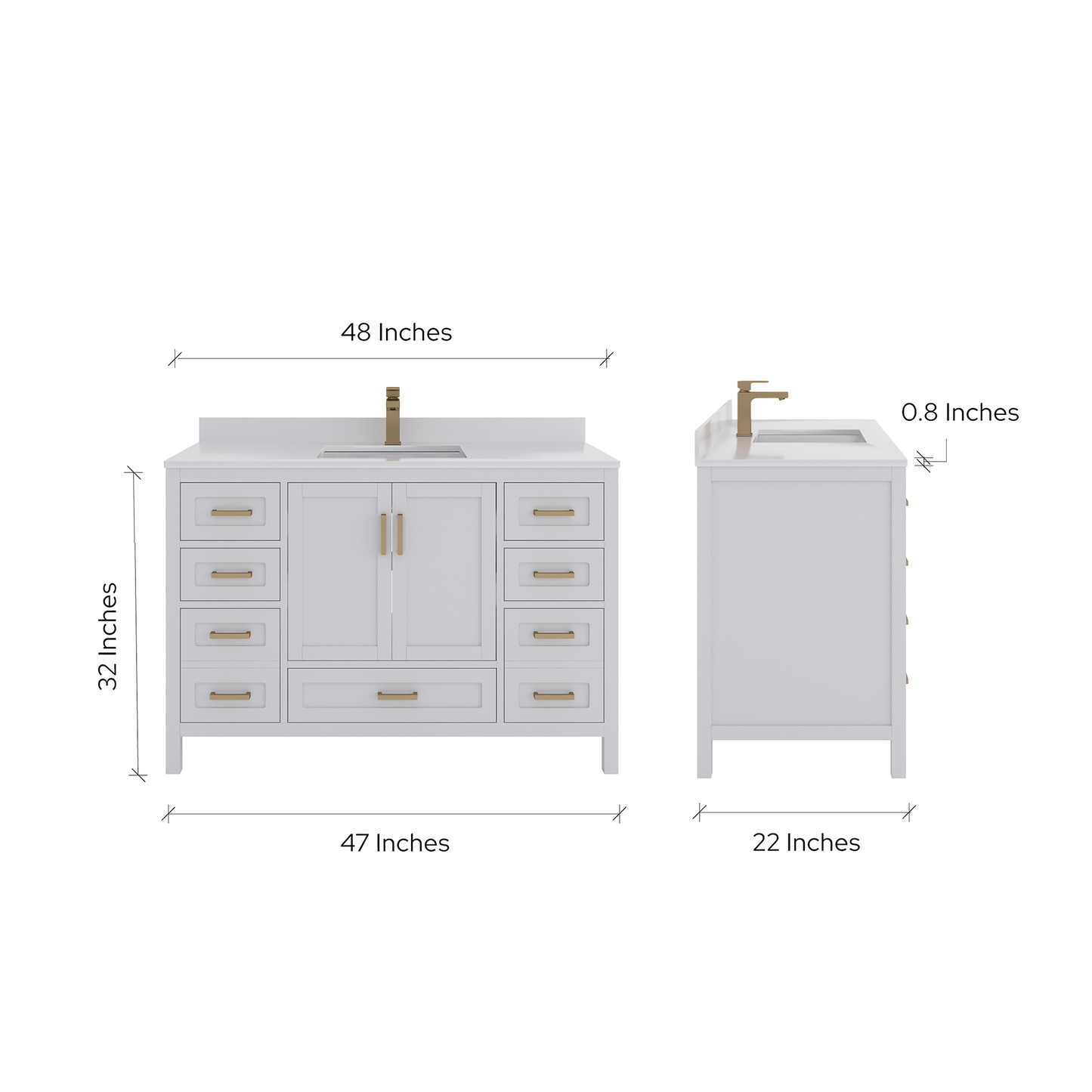 Rooh 48 Inch Solid Wood Bathroom Vanity with Undermount single Rectangle sink & White Quartz countertop 0.75 inch edge in white
