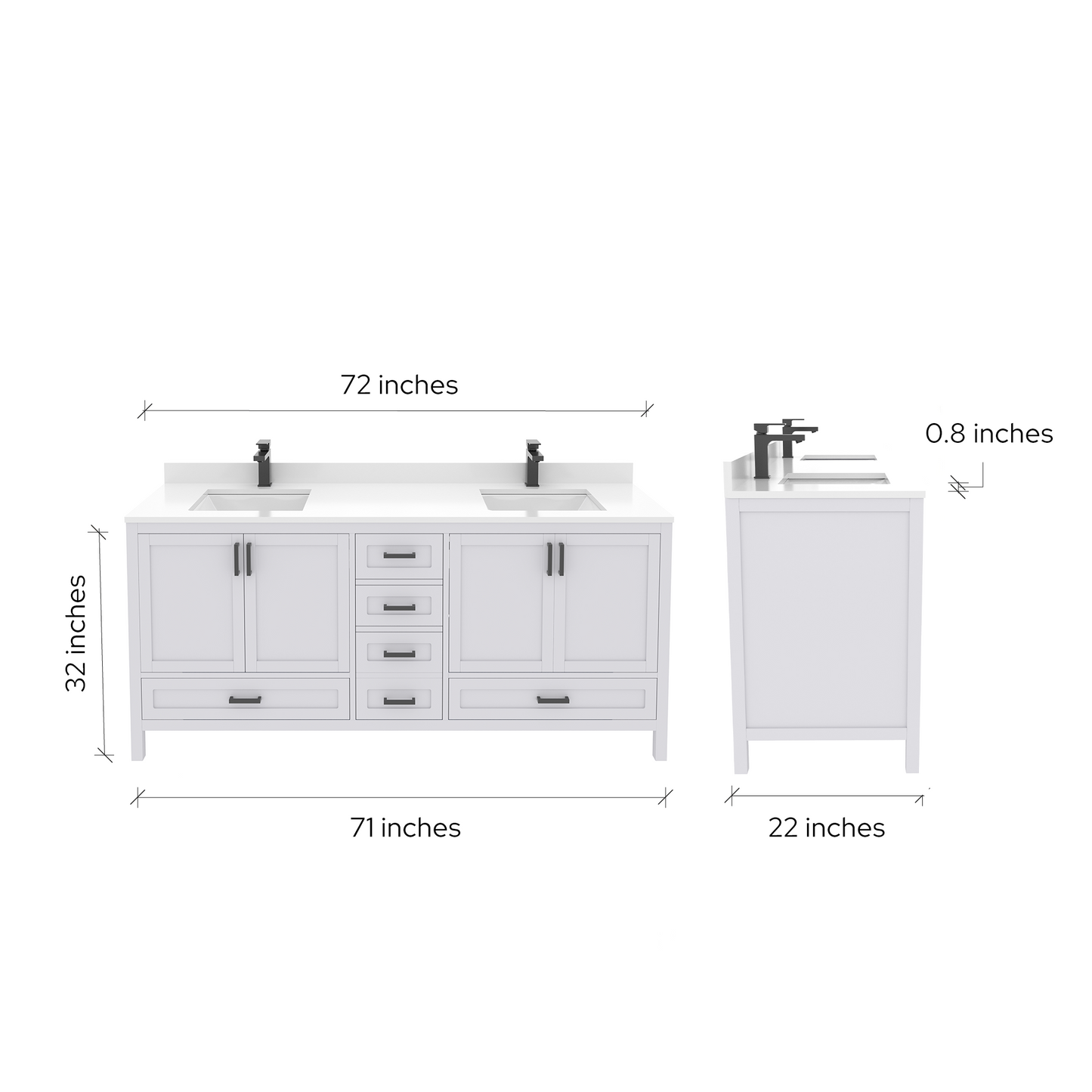Rooh 72 Inch Solid Wood Bathroom Vanity with Undermount double Rectangle sinks & White Quartz countertop 0.75 inch edge in white