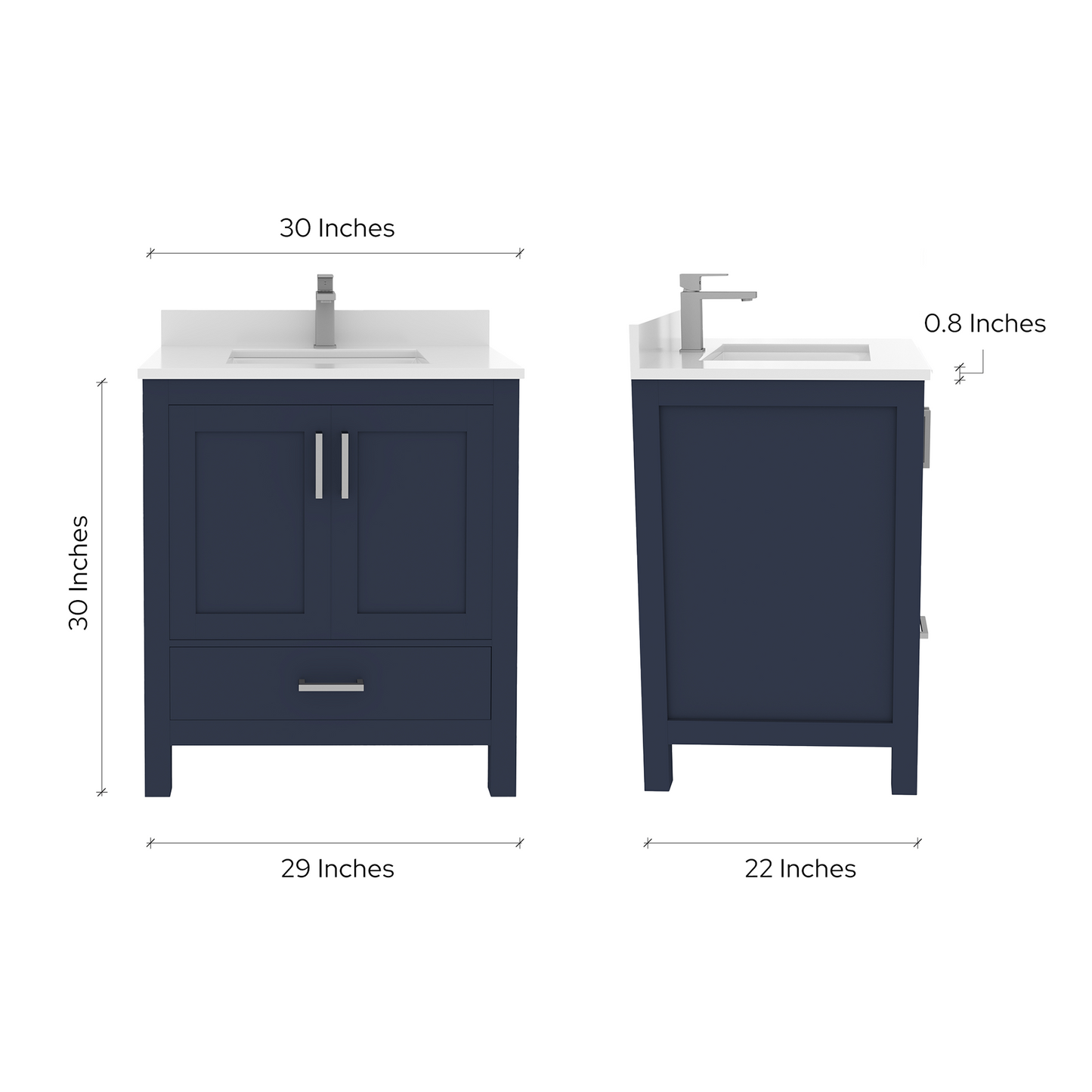 Rooh 30 Inch Solid Wood Bathroom Vanity with Undermount single Rectangle sink & White Quartz countertop 0.75 inch edge in white
