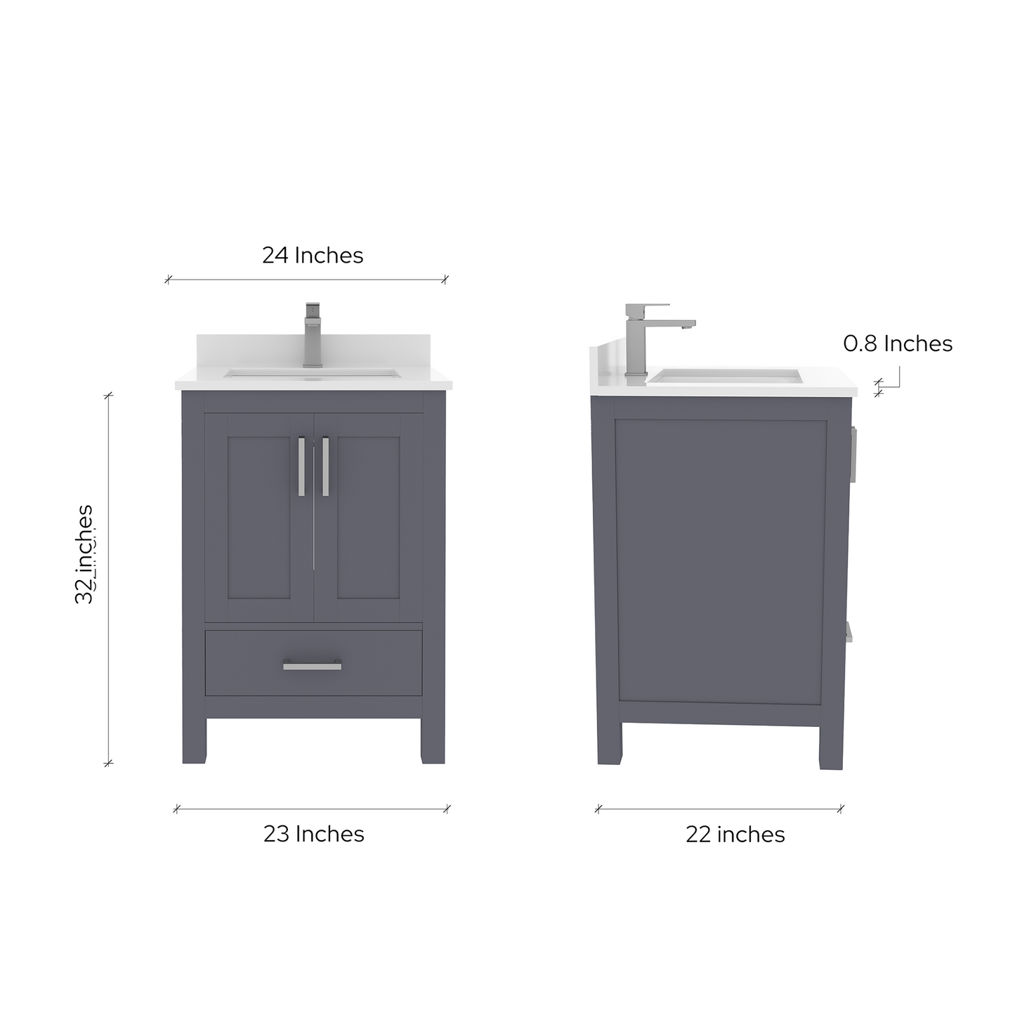 Rooh 24 Inch Solid Wood Bathroom Vanity with Undermount single Rectangle sink & White Quartz countertop 0.75 inch edge in white