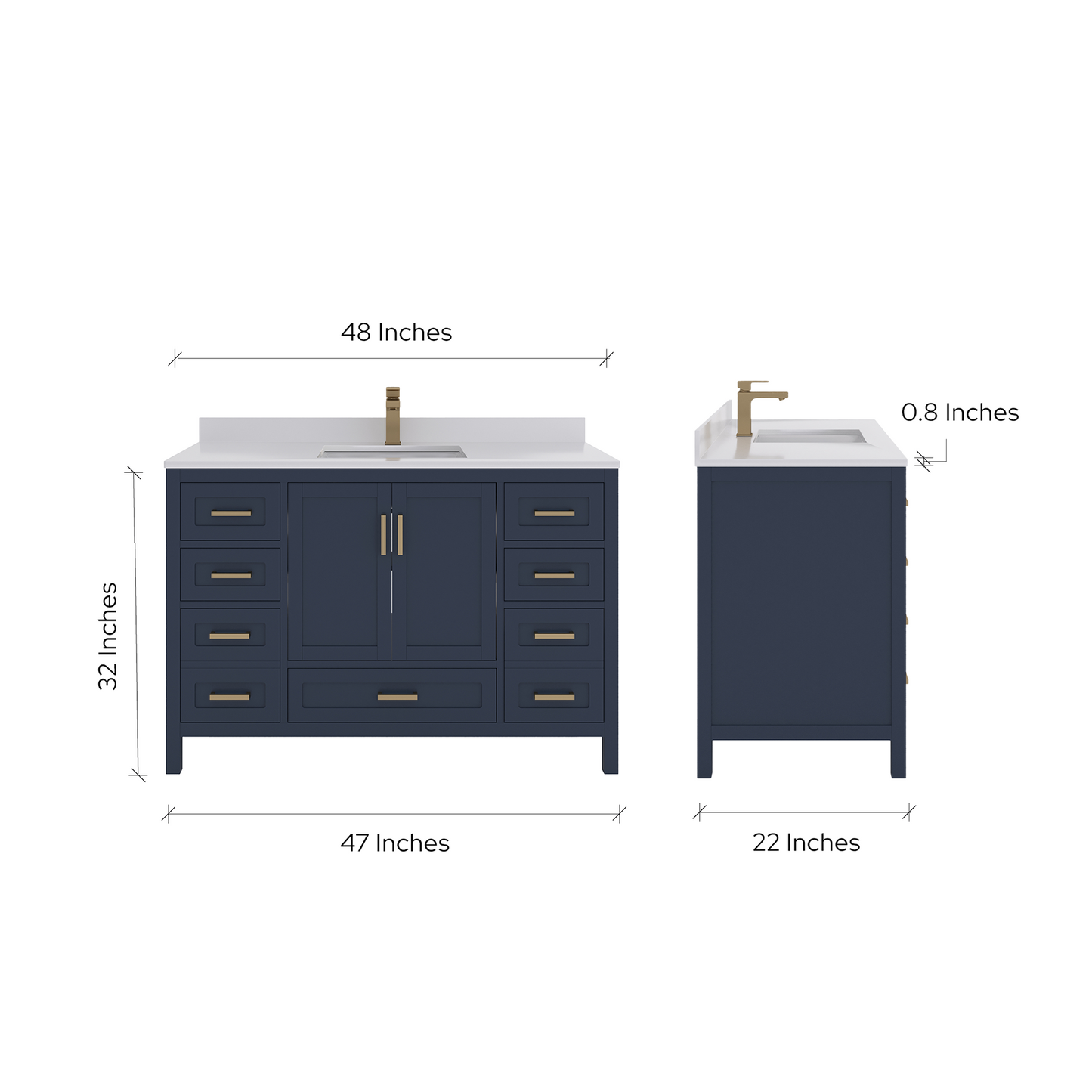 Rooh 48 Inch Solid Wood Bathroom Vanity with Undermount single Rectangle sink & White Quartz countertop 0.75 inch edge in white