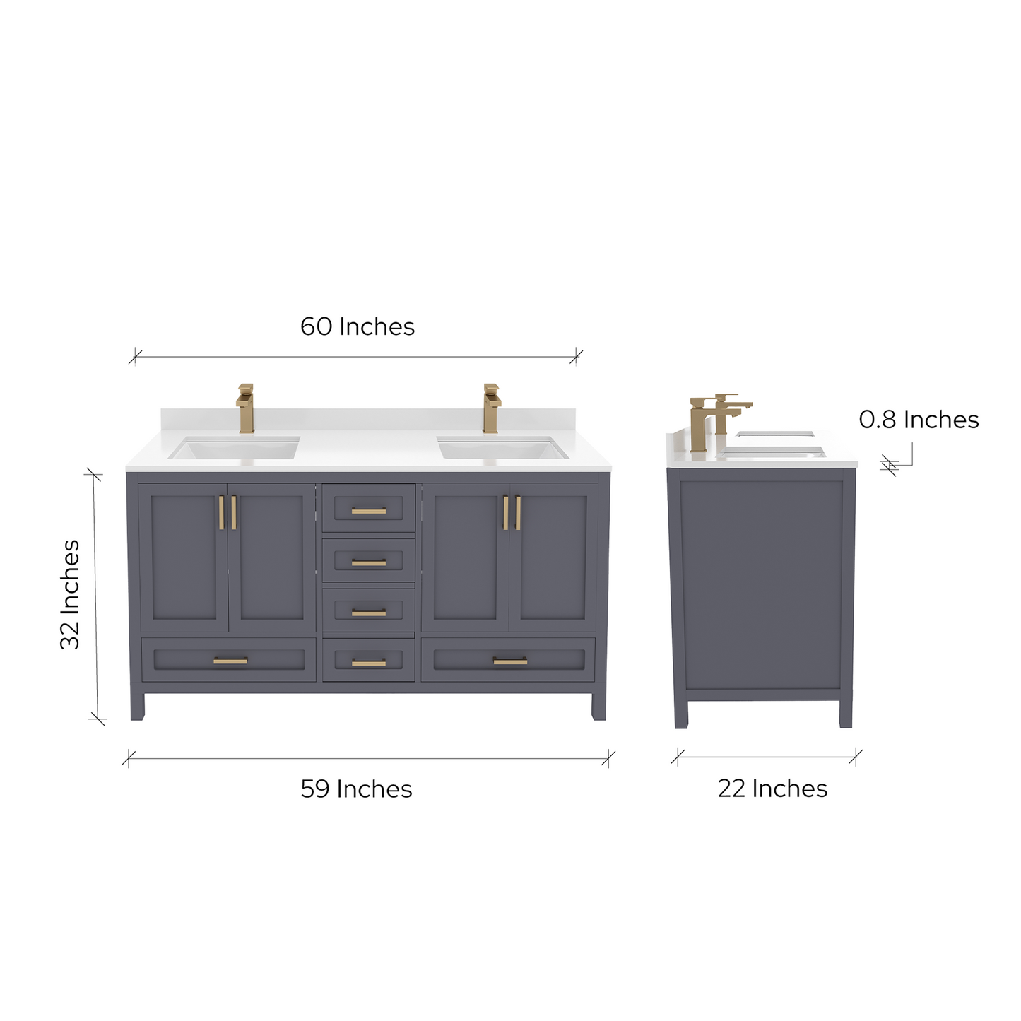 Rooh 60 Inch Solid Wood Bathroom Vanity with Undermount double Rectangle sinks & White Quartz countertop 0.75 inch edge in white
