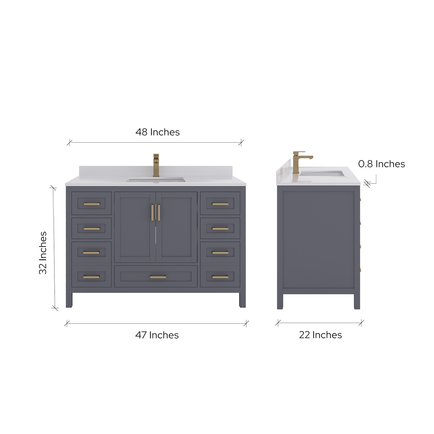 Rooh 48 Inch Solid Wood Bathroom Vanity with Undermount single Rectangle sink & White Quartz countertop 0.75 inch edge in white