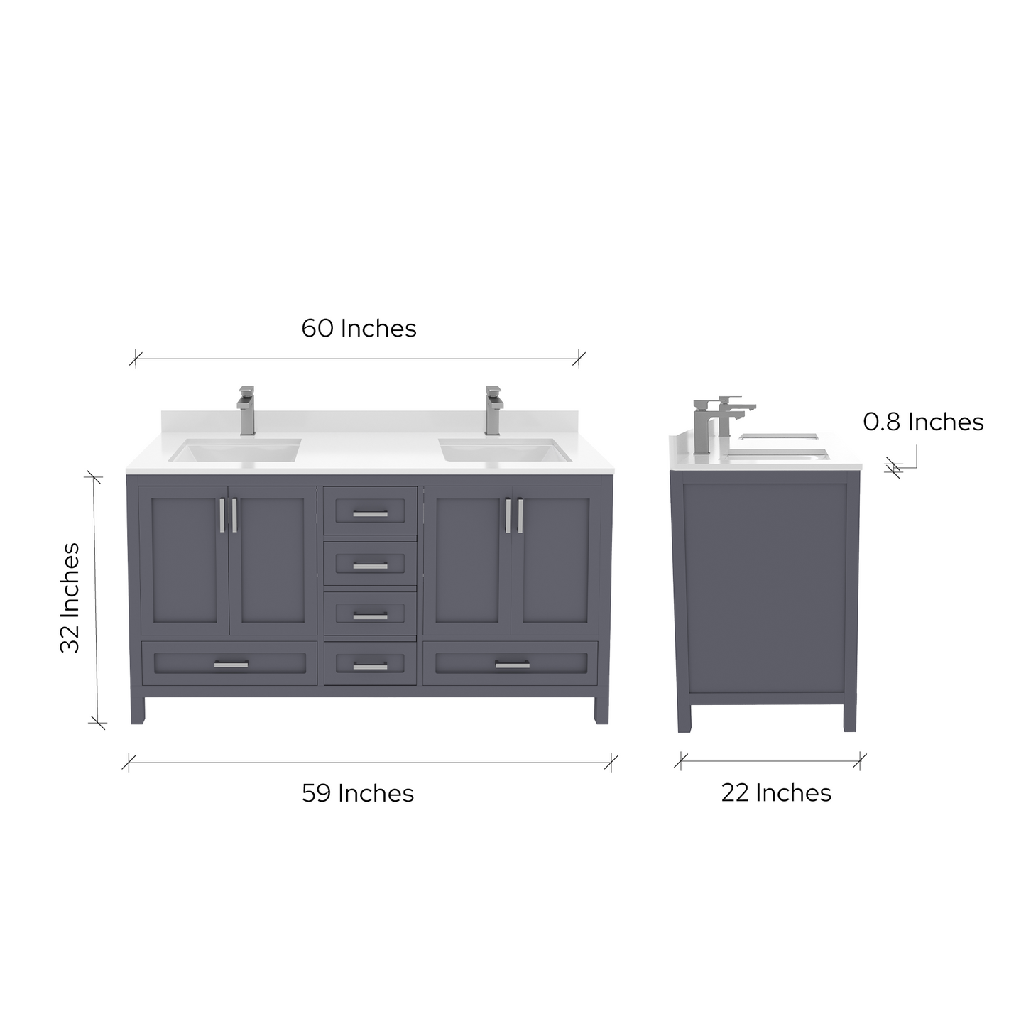 Rooh 60 Inch Solid Wood Bathroom Vanity with Undermount double Rectangle sinks & White Quartz countertop 0.75 inch edge in white