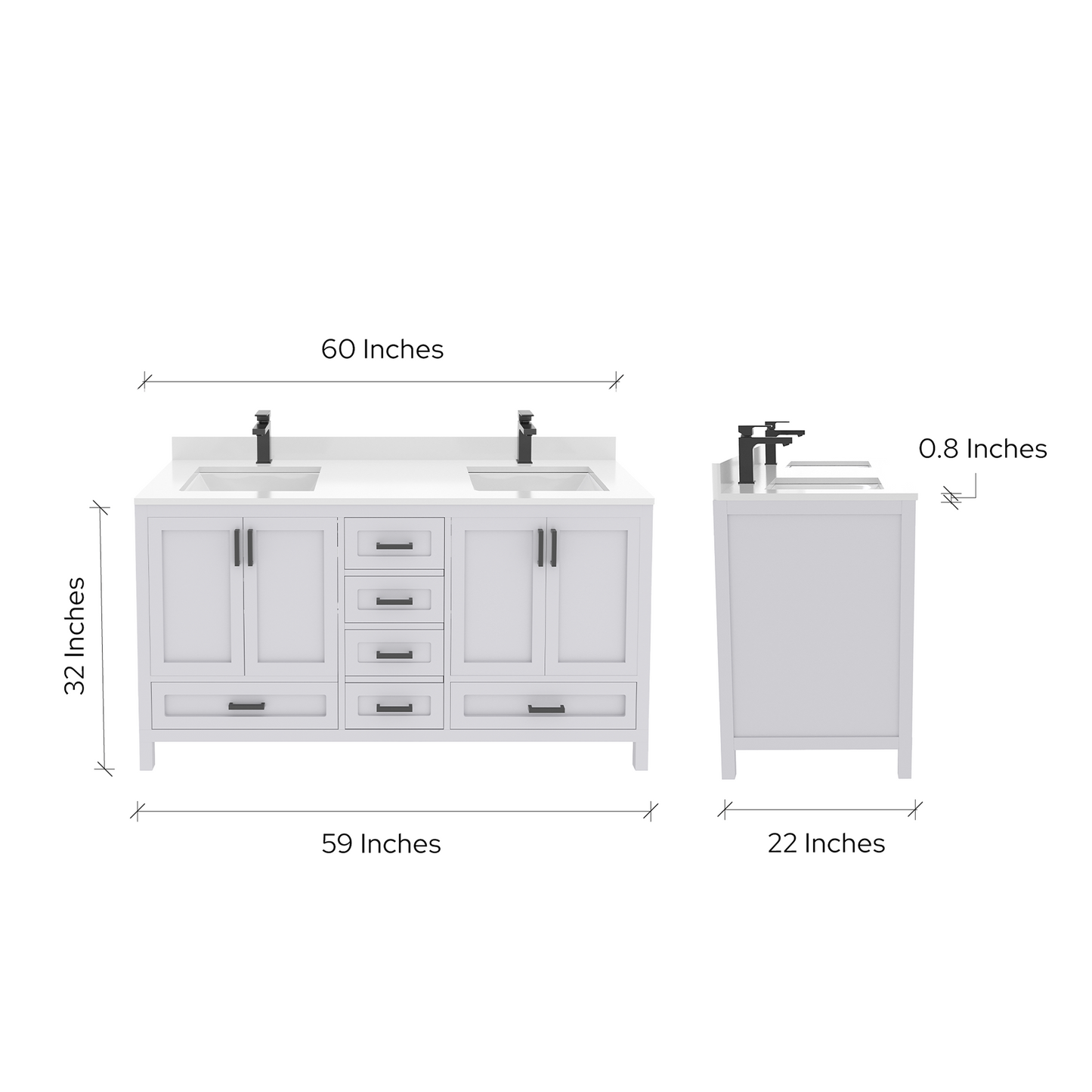 Rooh 60 Inch Solid Wood Bathroom Vanity with Undermount double Rectangle sinks & White Quartz countertop 0.75 inch edge in white
