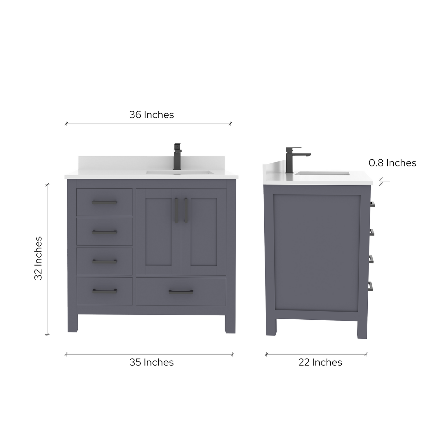 Rooh 36 Inch Right Solid Wood Single Bathroom Vanity with Undermount single Rectangle sink & White Quartz countertop 0.75 inch edge in white