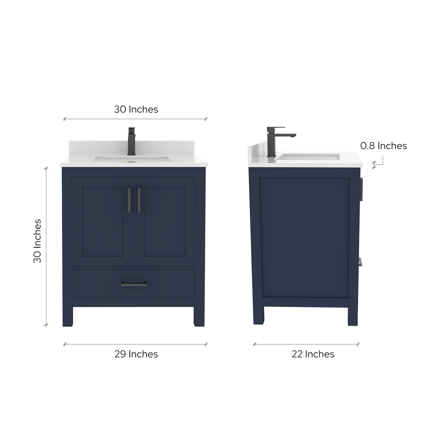 Rooh 30 Inch Solid Wood Bathroom Vanity with Undermount single Rectangle sink & White Quartz countertop 0.75 inch edge in white